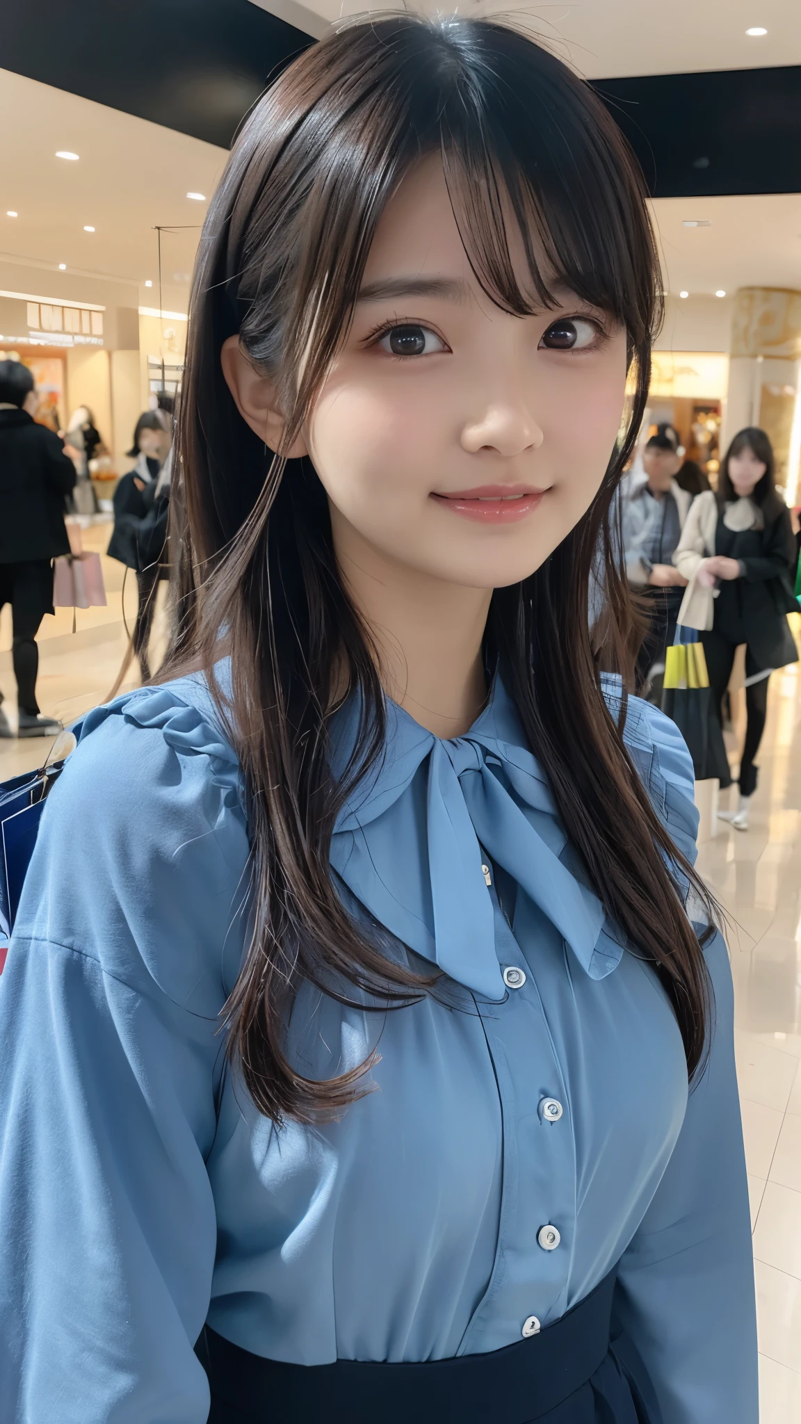 紺と白のセーラー服、Drama club room, high school senior, drama club president, ((full body)), ((photo)), ((best qualtiy, 8K, tmasterpiece:1.3)), Focus:1.2, perfect figure beautiful girl:1.4, 1girl, cowboy shot, look at viewer, eyes facing the camera, incredibly absurd, beautiful and cute girl with a photorealistic face, showcasing top-quality craftsmanship, A Japanese girl preparing for club activities in the drama club room, 15 years old, long, straight, silky black hair, fair skin, big eyes, thin eyebrows, double eyelids, long eyelashes, pink lips, smile, devilish smile, gorgeous features, well-defined facial features, beautiful face line, mysterious beauty, slender, tall, well-balanced proportions, large E-cup breasts, navy blue sailor uniform, favorite silver accessories, well-groomed nails, pretty girl, beauty, devilish type, pretty older sister, passionate about art, sociable, friendly, positive, has leadership skills, is proactive, is flexible, gets things done efficiently, works hard towards dreams and goals, May