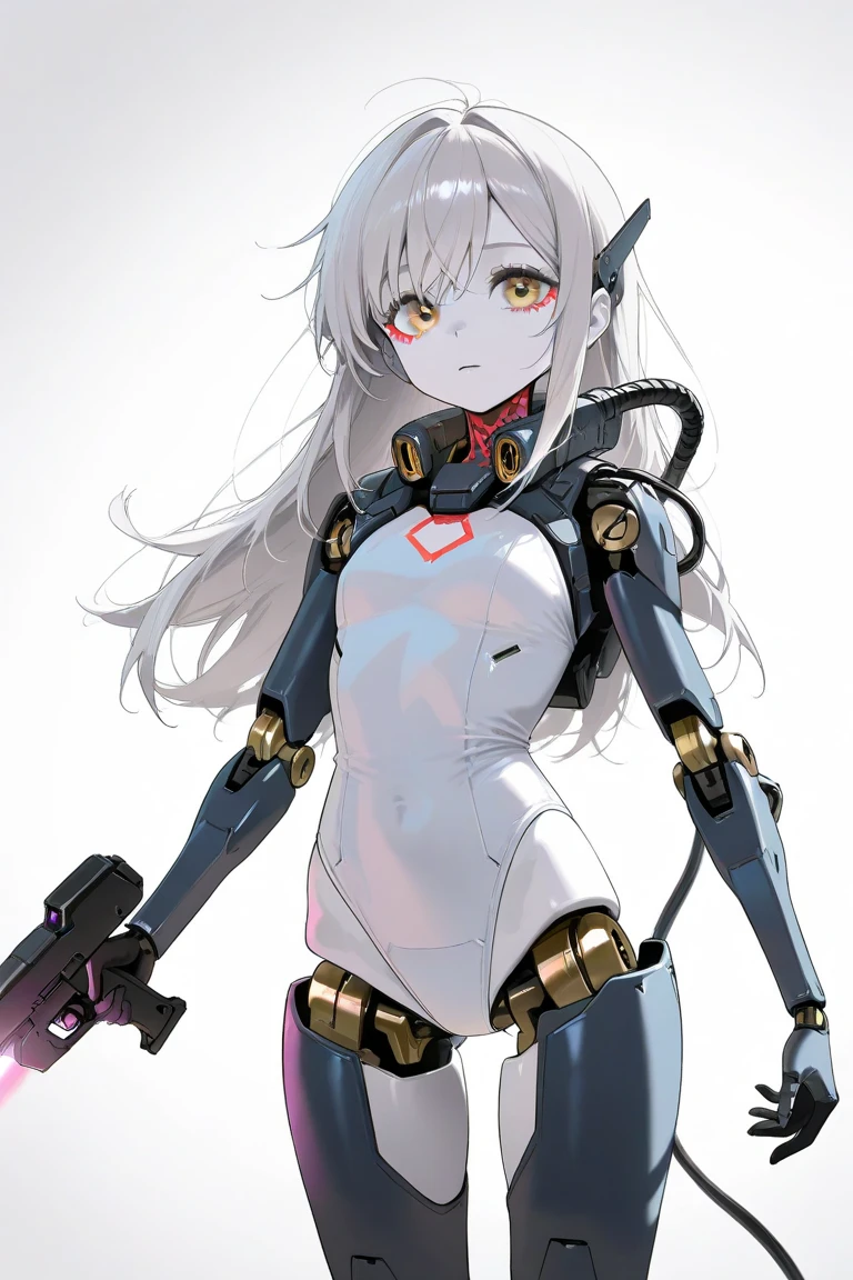 best quality, absurdres, 1girl, solo, full body, zoom layer, holding weapon, holding gun, one knee, FrierenFrieren, owoface, ((green eyes, futuristic glowing eyes, well-aligned eyes)),  detailed black pupils, twintails, white hair, extremely detailed face, ((mechanical bodysuit, cyber helmet)), (full body, fight stance), perfect gun, detailed gun, holding gun, cyborg, joints, covered body, robot feet, (cinematic lighting), (simple gray background)