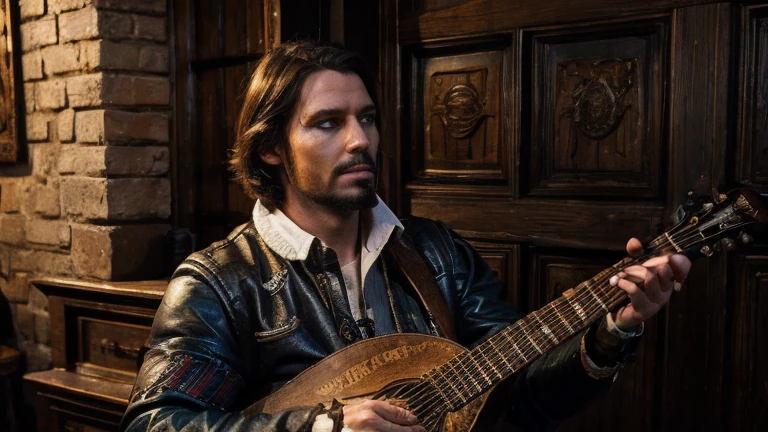 Bard in a rock suit leather jacket , with a guitar in hand, an art 3d rocker against the background of a medieval castle is detailed, hand drawn in detail, detailed brush , five fingers , high resolution, HD quality, photography