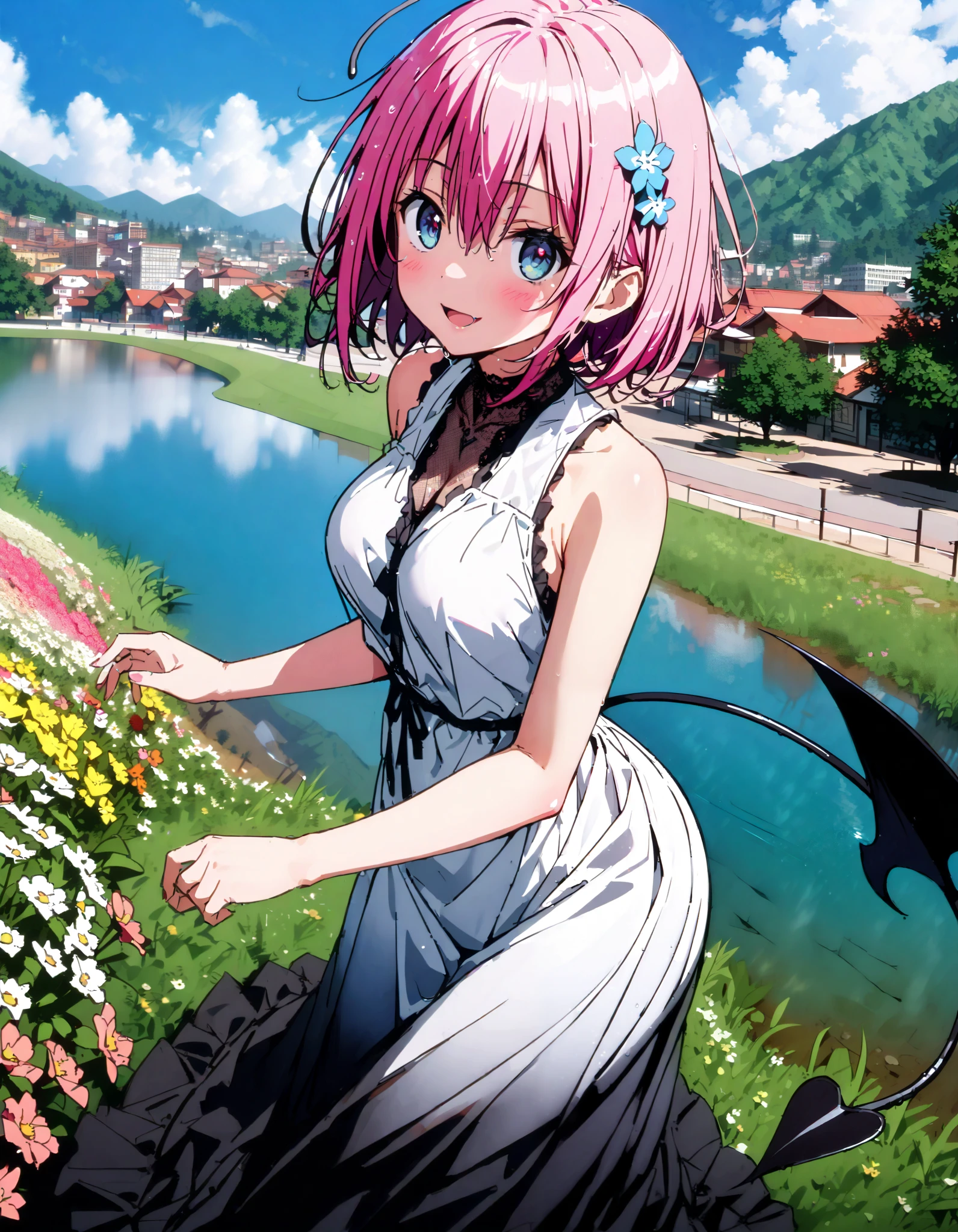 Momo Devil, Momo Deviluke, demon Tail, hair flower, hair ornament, 紫色の目, pink hair with a scar, short hair, smile,blush, mouths,Tail,demon Tail, white sleeveless dress ,Medium breast, long skirt, barefoot,My feet are soaked in water ,noon, are standing,whole bodyがイラストに入るように,
break looking at viewer,whole body,
break outdoors, lake,Flower Field,Mountain,city,,
break (masterpiece:1.2), best quality , kampala,unity 8k 壁紙,(shape:0.8),( fine, beautiful eyes :1.6),It's a person ,whole body写真,CG Details , ( perfect hand, complete anatomy),