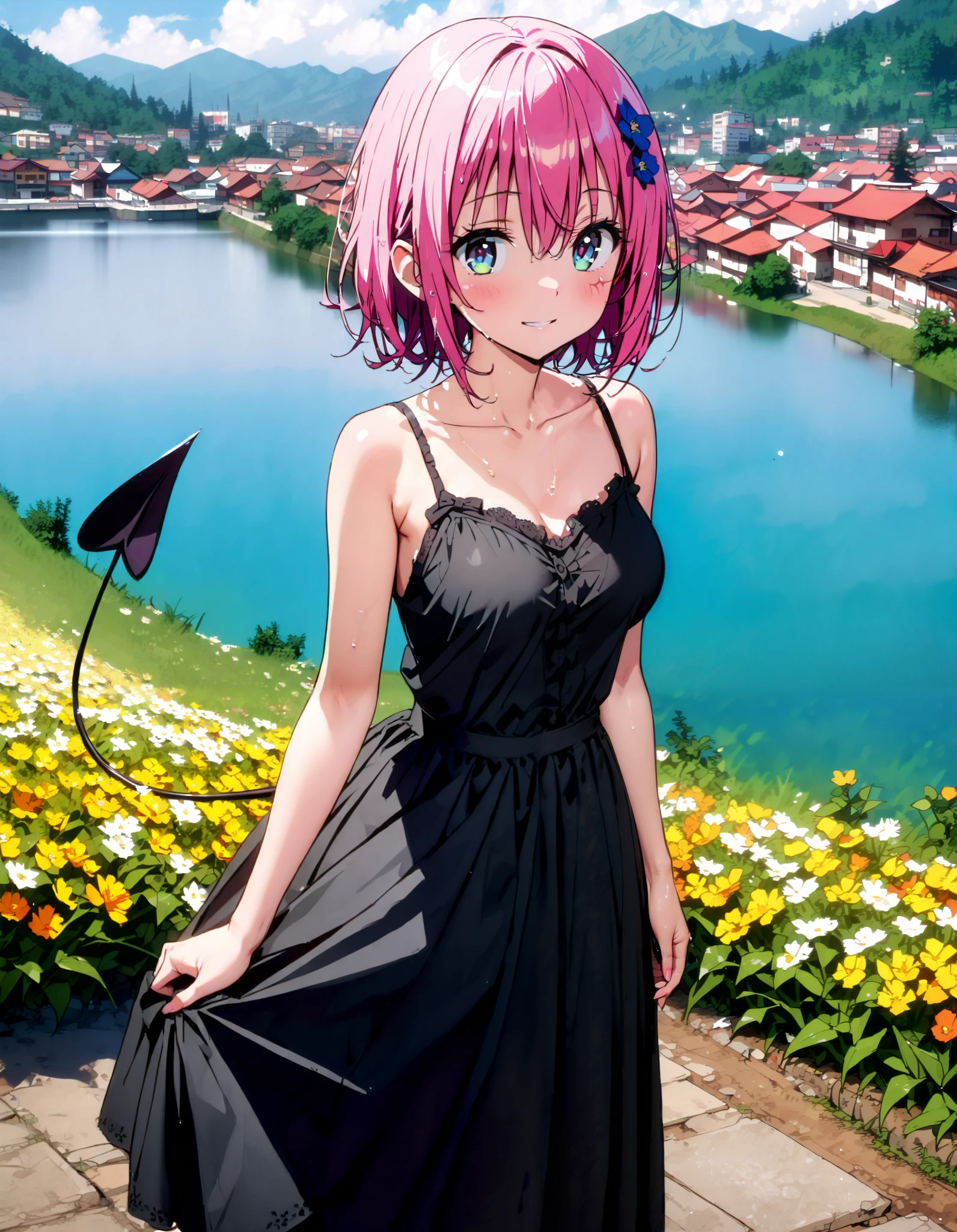 Momo Devil, Momo Deviluke, demon Tail, hair flower, hair ornament, 紫色の目, pink hair with a scar, short hair, smile,blush, mouths,Tail,demon Tail, white sleeveless dress ,Medium breast, long skirt, barefoot,My feet are soaked in water ,noon, are standing,whole bodyがイラストに入るように,
break looking at viewer,whole body,
break outdoors, lake,Flower Field,Mountain,city,,
break (masterpiece:1.2), best quality , kampala,unity 8k 壁紙,(shape:0.8),( fine, beautiful eyes :1.6),It's a person ,whole body写真,CG Details , ( perfect hand, complete anatomy),