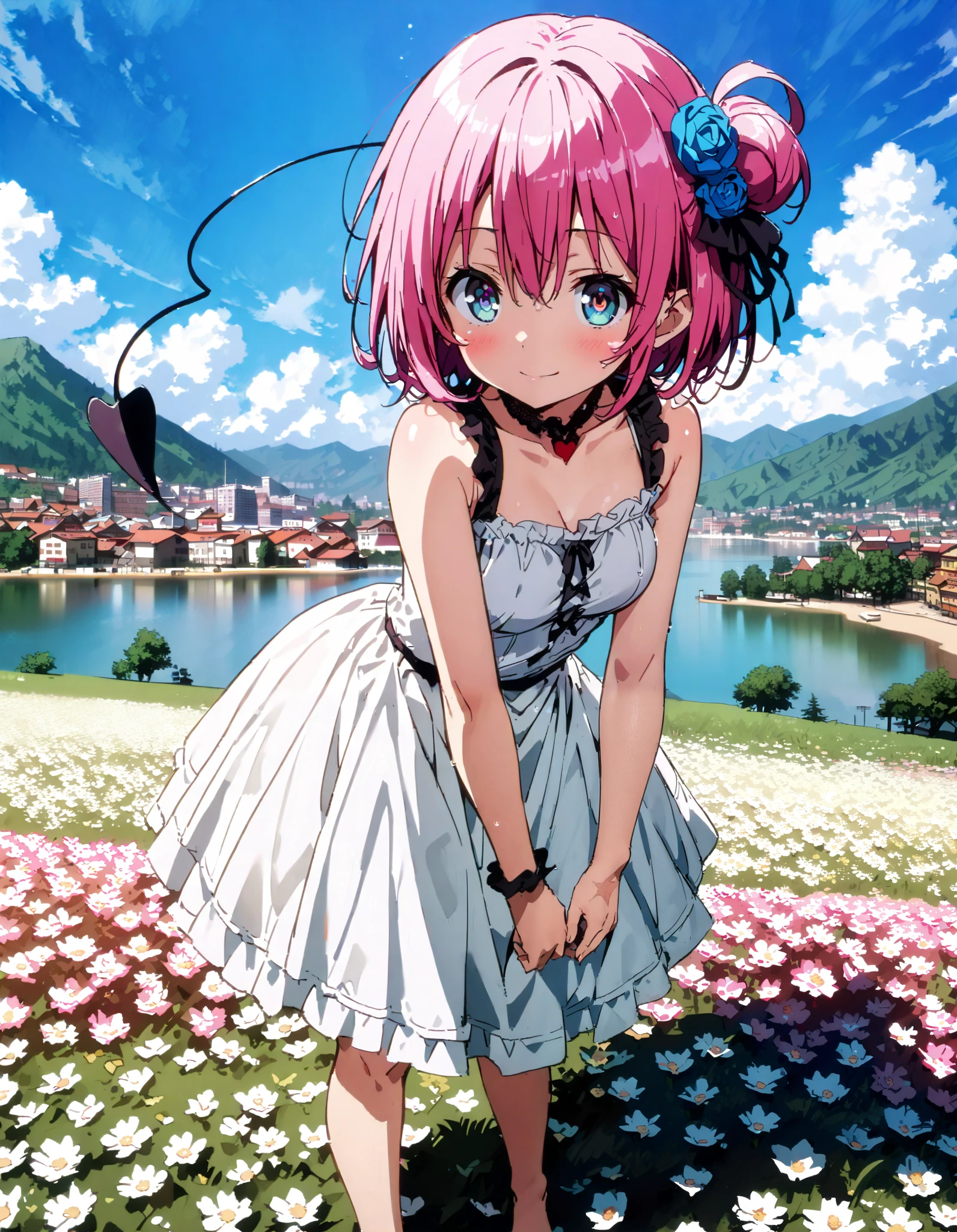 Momo Devil, Momo Deviluke, demon Tail, hair flower, hair ornament, 紫色の目, pink hair with a scar, short hair, smile,blush, mouths,Tail,demon Tail, white sleeveless dress ,Medium breast, long skirt, barefoot,My feet are soaked in water ,noon, are standing,whole bodyがイラストに入るように,
break looking at viewer,whole body,
break outdoors, lake,Flower Field,Mountain,city, Compa,
break (masterpiece:1.2), best quality , kampala,unity 8k 壁紙,(shape:0.8),( fine, beautiful eyes :1.6),It's a person ,whole body写真,CG Details , ( perfect hand, complete anatomy),
