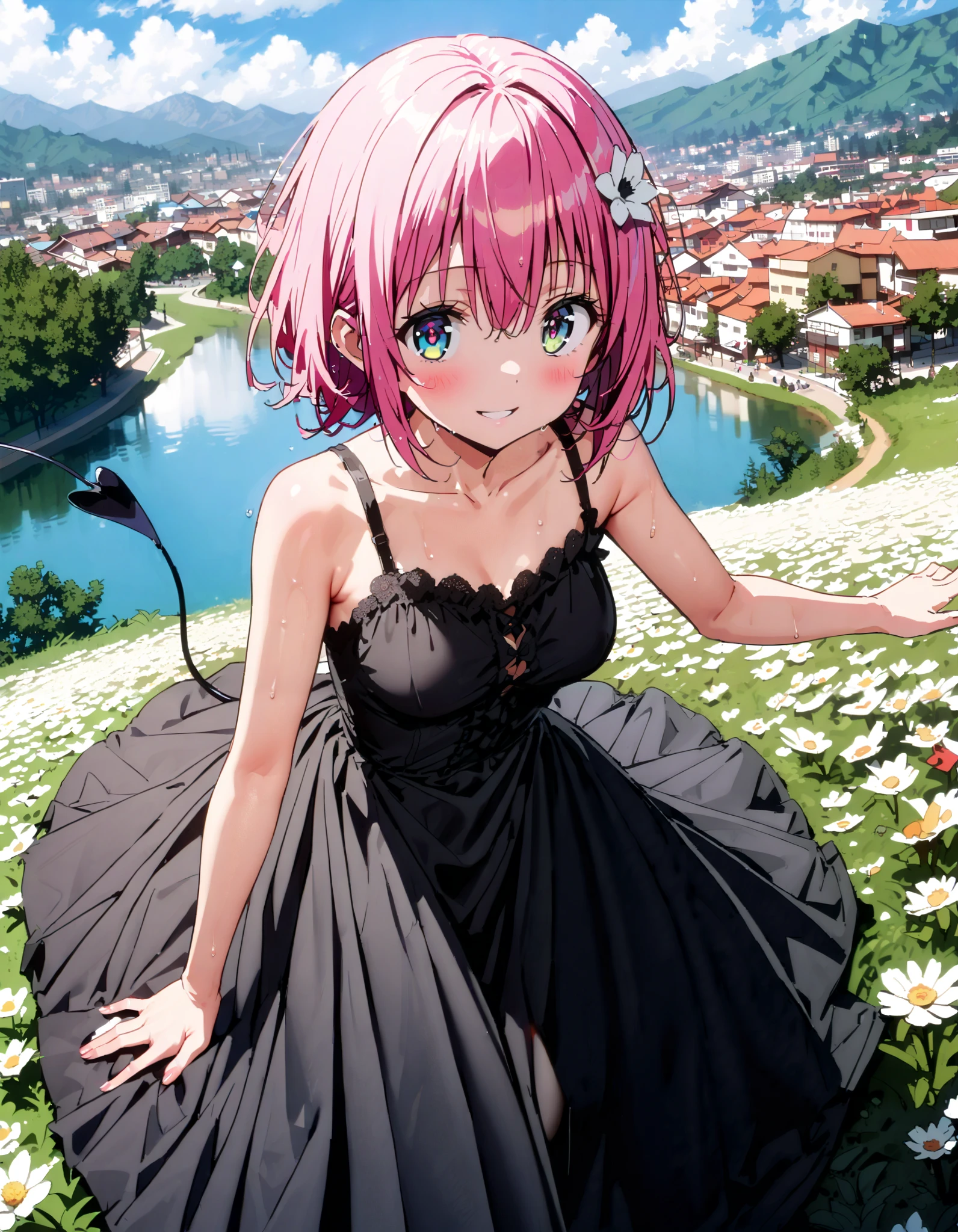 Momo Devil, Momo Deviluke, demon Tail, hair flower, hair ornament, 紫色の目, pink hair with a scar, short hair, smile,blush, mouths,Tail,demon Tail, white sleeveless dress ,Medium breast, long skirt, barefoot,My feet are soaked in water ,noon, are standing,whole bodyがイラストに入るように,
break looking at viewer,whole body,
break outdoors, lake,Flower Field,Mountain,city, Compa,
break (masterpiece:1.2), best quality , kampala,unity 8k 壁紙,(shape:0.8),( fine, beautiful eyes :1.6),It's a person ,whole body写真,CG Details , ( perfect hand, complete anatomy),