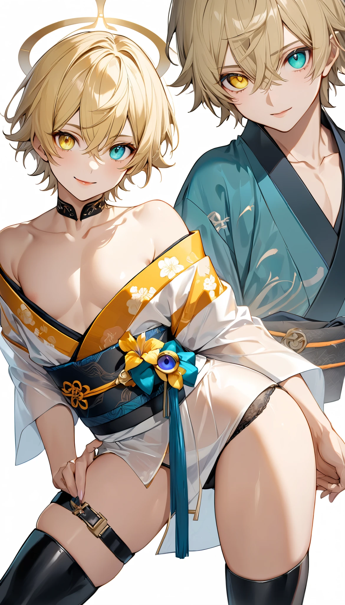 fresh illustration ,
Superfine painting,
very delicate illustration ,
Very fine details ,
1boy ,
(( standing))
Alone,
Height: 158cm,
Beige Skin,
Cheeks are ruddy,
((The iris on the left is medium aquamarine and the iris on the right is yellow ))
((Complete iris heterochromia )),
beautiful eyes,
large black pupils ,
Short short hair,
Blonde,
the tips of the hair are whitish ,
The hair has gradation ,
shiny hair with makeup,
young but beautiful and bewitching face ,
The lips are extremely small,
is smiling,
a small halo that shines brightly on the head ,
the tips of the eyebrows are slightly lowered ,
the upper body is worn in kimono ,
thin pectoral muscle,
six pack,
Slim waist,
thin legs ,
The lower body is long, transparent clothing in the style of a Chinese dress with slits on both hips,
The color of the obi is red ,,
the obi is tastefully embroidered with silver thread ,
fine fabric clothing ,
Jockstrap underwear claims to be male,
the thigh strap cuts into the skin ,
Are the tips of long boots Japanese style,
Isometric,
golden ratio,
god々 atmosphere,
wearing a padded collar innerwear ,
white background,
tactical use of shadows ,
the ring of the head and hair fit inside the frame ,
Clothes fit inside the frame ,
(( full shot))
facing the front,