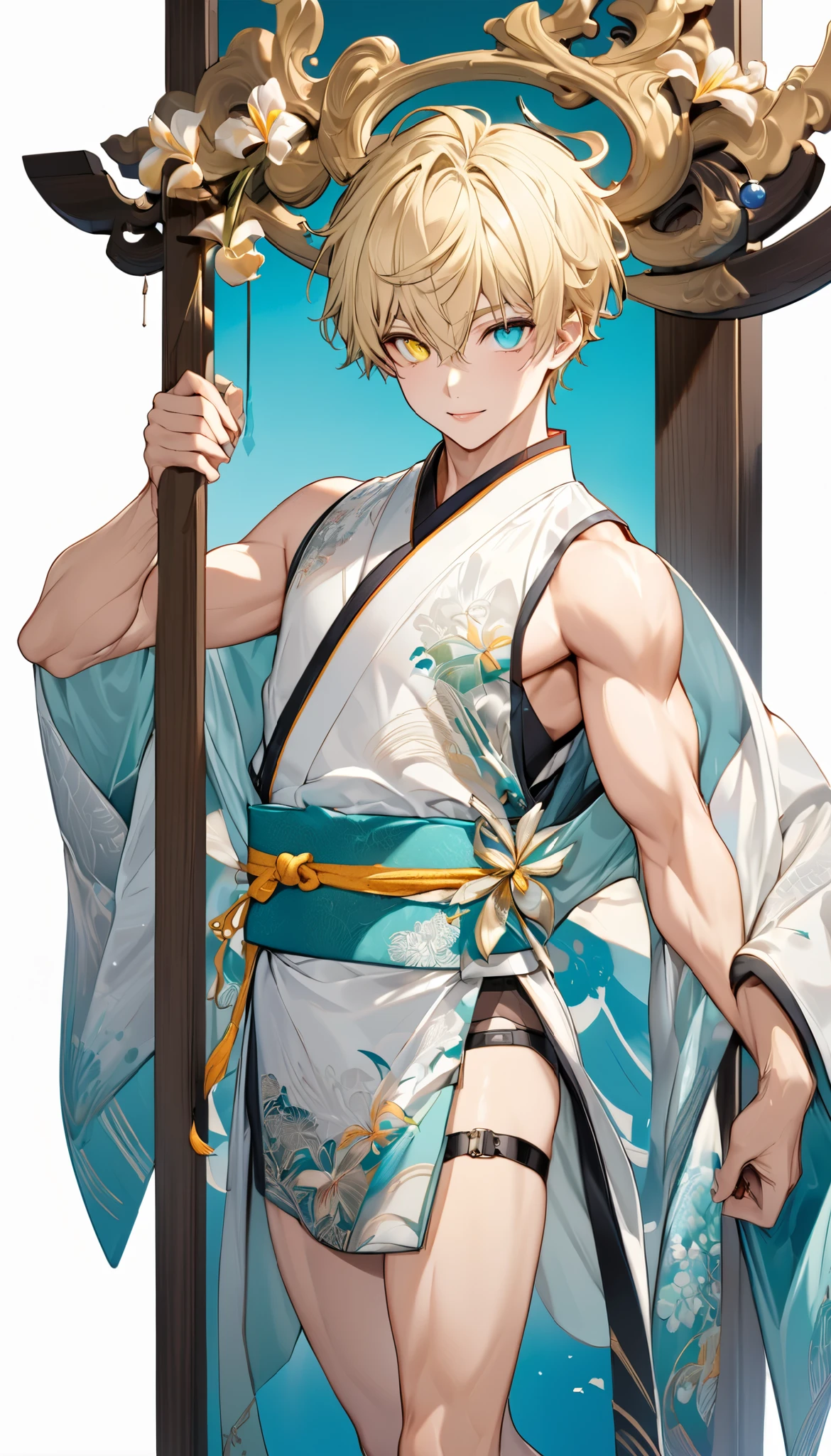 fresh illustration ,
Superfine painting,
very delicate illustration ,
Very fine details ,
1boy ,
(( standing))
Alone,
Height: 158cm,
Beige Skin,
Cheeks are ruddy,
((The iris on the left is medium aquamarine and the iris on the right is yellow ))
((Complete iris heterochromia )),
beautiful eyes,
large black pupils ,
Short short hair,
Blonde,
the tips of the hair are whitish ,
The hair has gradation ,
shiny hair with makeup,
young but beautiful and bewitching face ,
The lips are extremely small,
is smiling,
a small halo that shines brightly on the head ,
the tips of the eyebrows are slightly lowered ,
the upper body is worn in kimono ,
thin pectoral muscle,
six pack,
Slim waist,
thin legs ,
The lower body is long, transparent clothing in the style of a Chinese dress with slits on both hips,
The color of the obi is red ,,
the obi is tastefully embroidered with silver thread ,
fine fabric clothing ,
Jockstrap underwear claims to be male,
the thigh strap cuts into the skin ,
Are the tips of long boots Japanese style,
Isometric,
golden ratio,
god々 atmosphere,
wearing a padded collar innerwear ,
white background,
tactical use of shadows ,
the ring of the head and hair fit inside the frame ,
Clothes fit inside the frame ,
(( full shot))
facing the front,