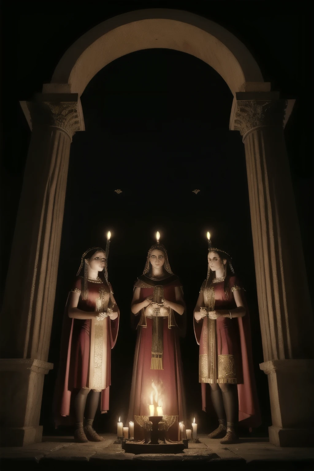 a detailed ritual scene of an ancient pagan rite in ancient rome, intricate roman architecture, ornate decorations, candles,torches,ancient roman toga clothing,detailed faces,dramatic lighting,moody atmosphere,cinematic composition,dark and mystical,rich colors,highly detailed,photorealistic,award winning digital art