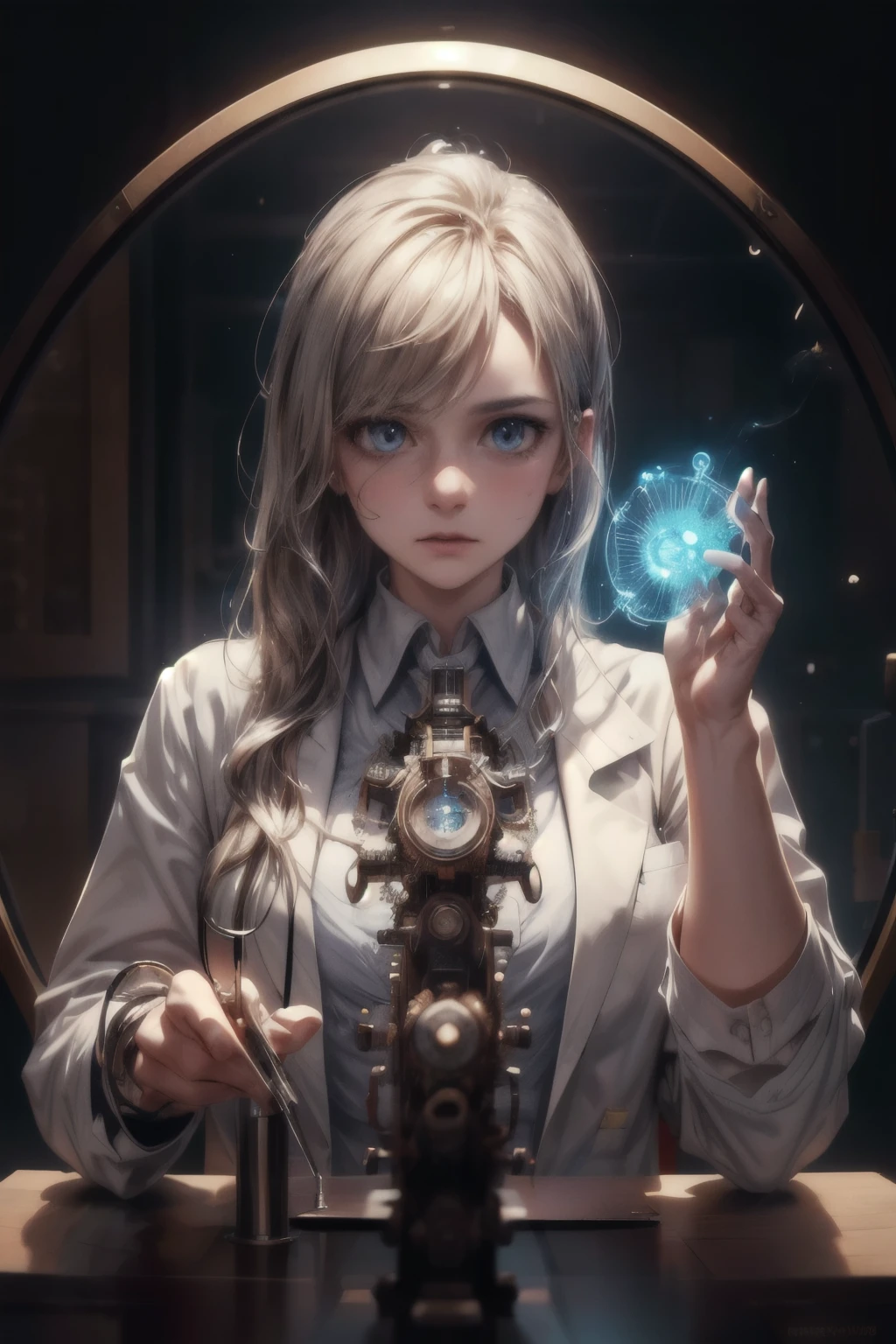 ((best quality)), ((masterpiece)), (detailed), perfect face,a scientist working on a time machine, detailed portrait of a scientist in a lab, wearing a white lab coat, holding futuristic time machine device, intricate gears and displays, complex scientific equipment, dramatic lighting, cinematic composition, photorealistic, 8k, award winning digital art Canceled by the system