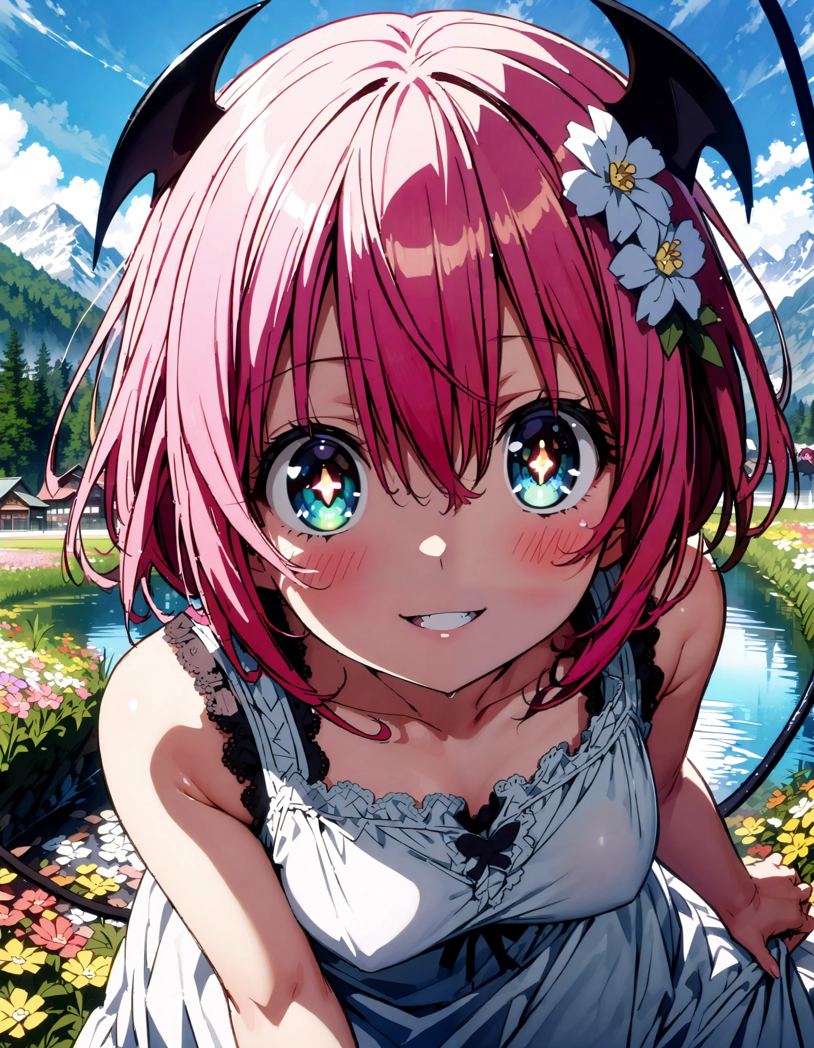 Momo Devil, Momo Deviluke, demon Tail, hair flower, hair ornament, 紫色の目, pink hair with a scar, short hair, smile,blush, mouths,Tail,demon Tail, white sleeveless dress ,Medium breast, long skirt, barefoot,My feet are soaked in water ,noon, are standing,whole bodyがイラストに入るように,
break looking at viewer,whole body,
break outdoors, lake,Flower Field,Mountain,city, Compa,
break (masterpiece:1.2), best quality, high resolution, unity 8k wallpaper, (illustration:0.8), (beautiful deTailed eyes:1.6), extremely deTailed face, perfect lighting, extremely deTailed CG, ( perfect hand, perfect anatomy),