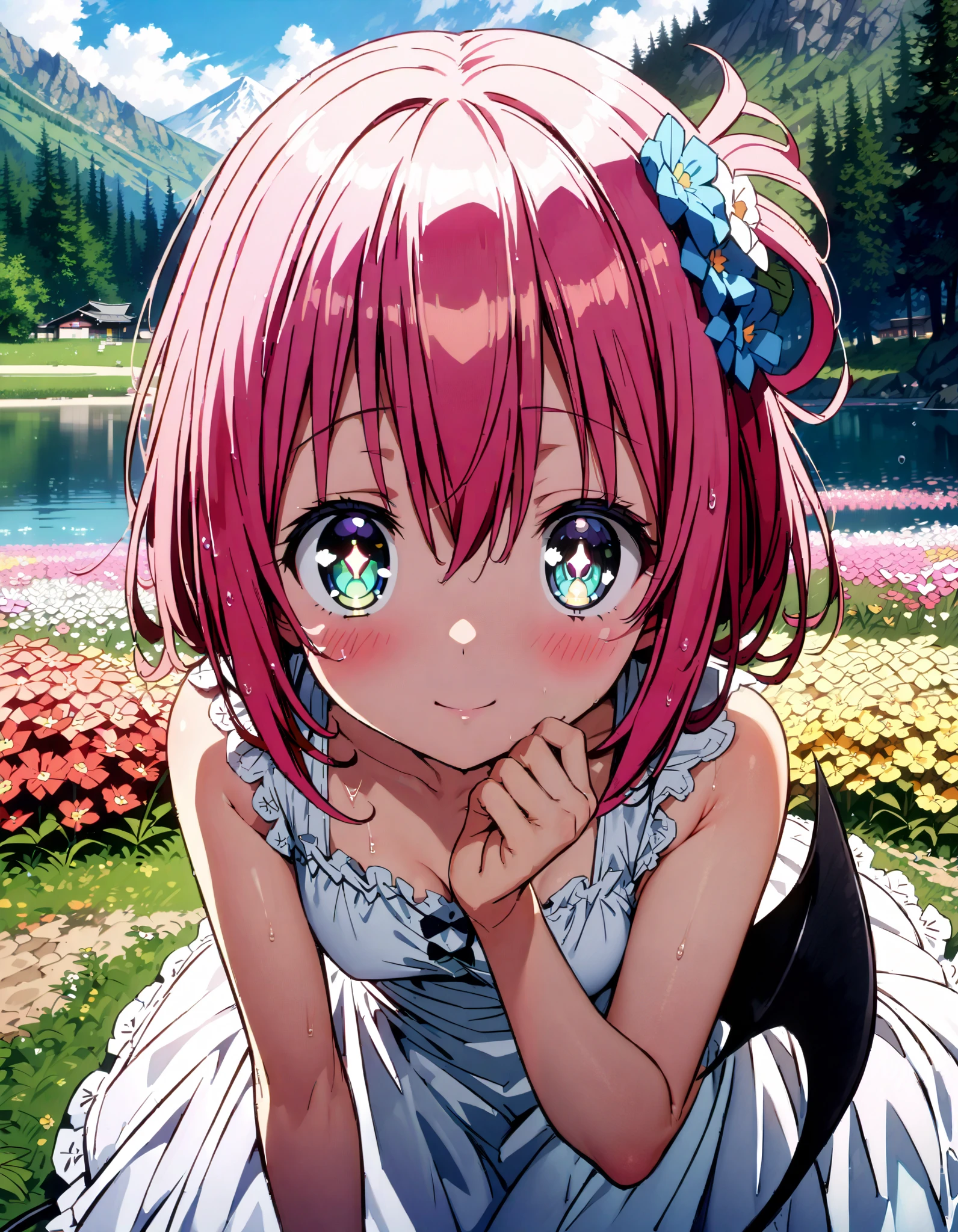 Momo Devil, Momo Deviluke, demon Tail, hair flower, hair ornament, 紫色の目, pink hair with a scar, short hair, smile,blush, mouths,Tail,demon Tail, white sleeveless dress ,Medium breast, long skirt, barefoot,My feet are soaked in water ,noon, are standing,whole bodyがイラストに入るように,
break looking at viewer,whole body,
break outdoors, lake,Flower Field,Mountain,city, Compa,
break (masterpiece:1.2), best quality, high resolution, unity 8k wallpaper, (illustration:0.8), (beautiful deTailed eyes:1.6), extremely deTailed face, perfect lighting, extremely deTailed CG, ( perfect hand, perfect anatomy),