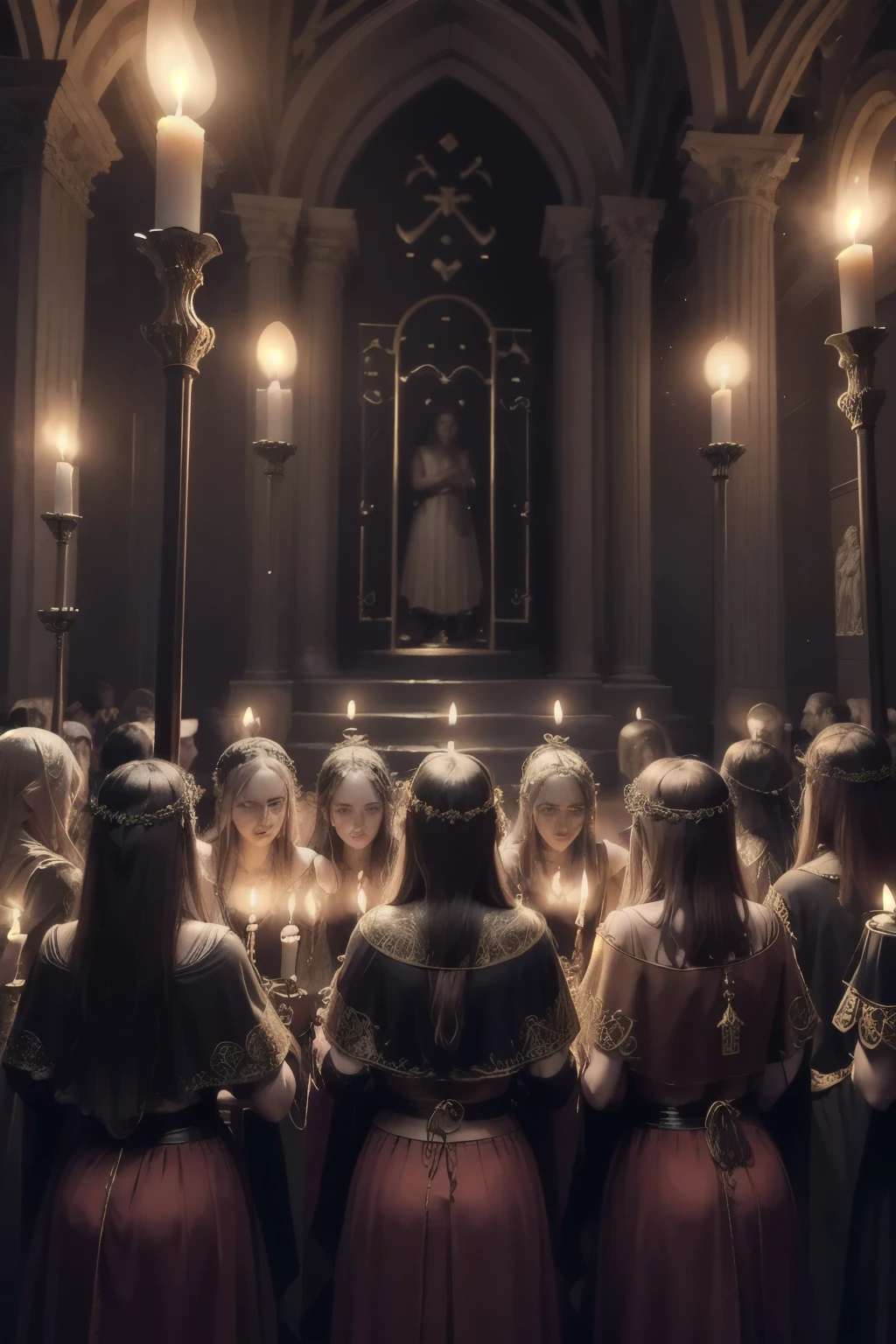 a detailed ritual scene of an ancient pagan rite in ancient rome, intricate roman architecture, ornate decorations, candles,torches,ancient roman toga clothing,detailed faces,dramatic lighting,moody atmosphere,cinematic composition,dark and mystical,rich colors,highly detailed,photorealistic,award winning digital art