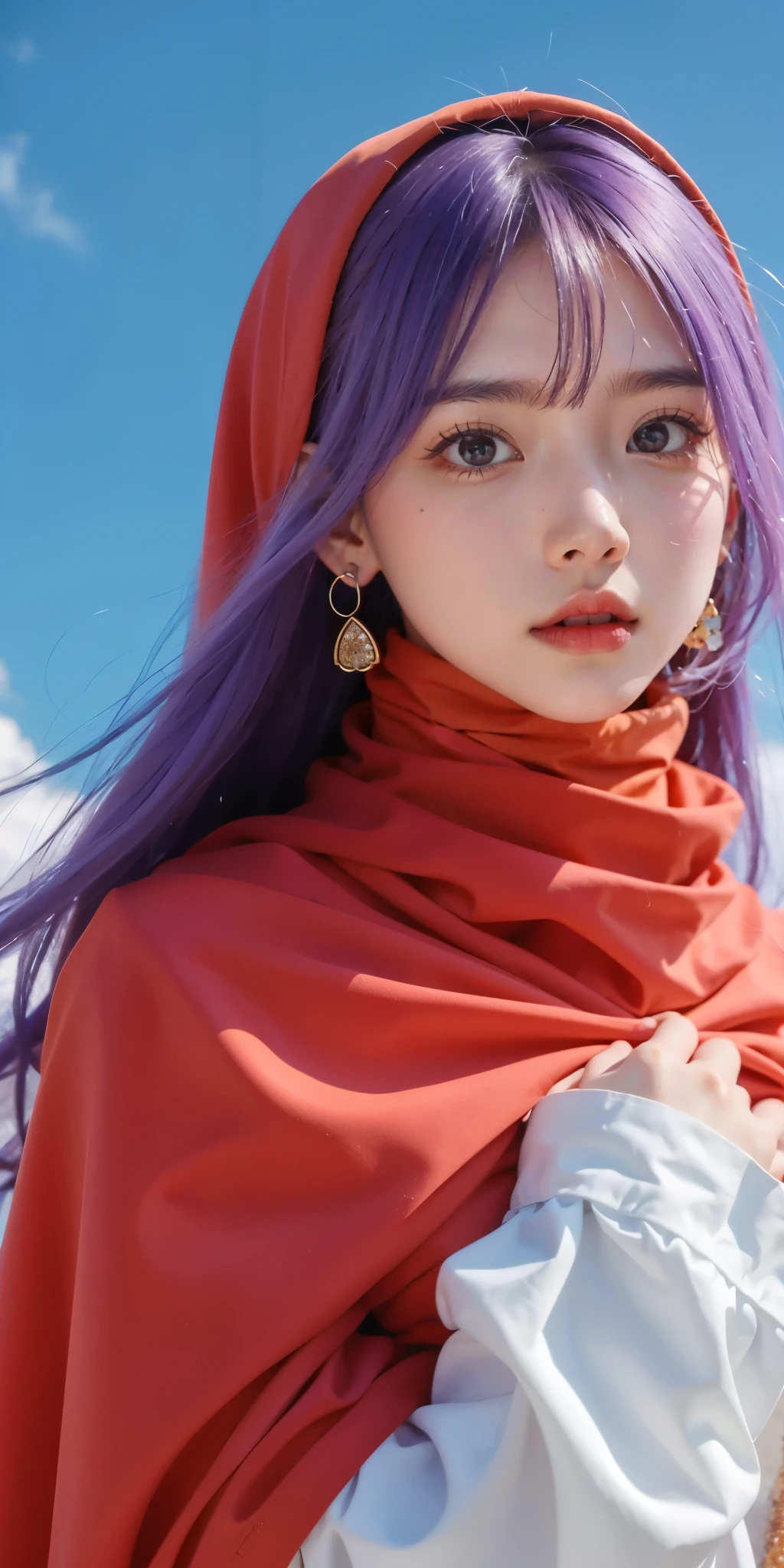 (( open mouse、Surprised)) .  A broad perspective . naked clear coat.dq pom   ,  Long Curry  .    purple hair,    earrings.、   best quality     , bangs , small head on the street:1.3 Ultra Realistic   :1.2  ,masterpiece,    best quality ,    More details,    Realistic Lights    .A broader perspective. Stone construction、Fantasy   . Outdoors 