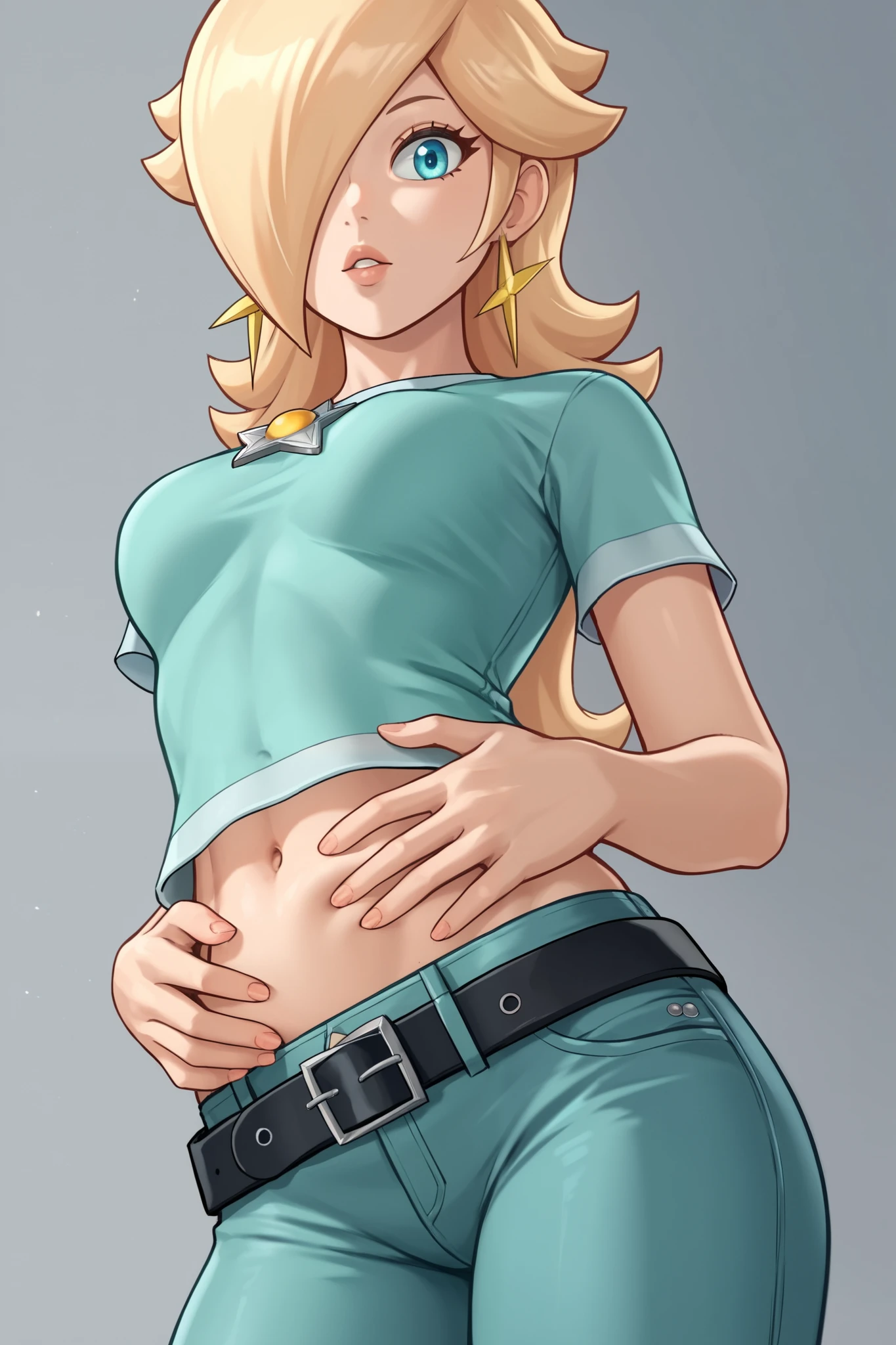 score_9, score_8_up, score_7_up, source_anime, rosalina, blonde hair, blue eyes, hair over one eye, long hair, star earrings, solo, cowboy shot, black t-shirt, taut clothes, tight shirt, midriff, navel, jeans, black belt, parted lips, looking down, hands on own stomach, belly grab