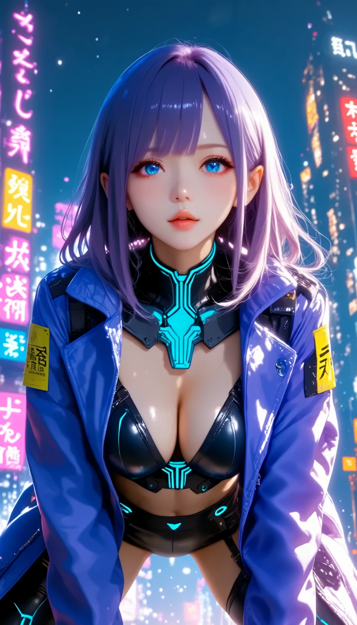 score_9, score_8_ up, score_7_ up, s uper detailed, Hausmo style , cyberpunk. robot .32K, top quality, s uper high definition ,nsfw, Official Art,( medium hair 、 Purple hairstyle 、 richly detailed blue eyes ) Big Breasts、( Chest、 soft-textured chest hanging ) slightly protruding nipples 、 on all fours, トップダウン・ボトム up, split leg forward bend 、( black high performance cybersuit with neon border 、Cyber Armor、 purple machine design parts decoration 、:1.5)(Chestとへそ出し )( purple luminous parts :1.4)( wear a purple tech design coat over a jacket )( cyber city、 skyscraper roof top )( Soft lighting of surrounding buildings 、 look down)
