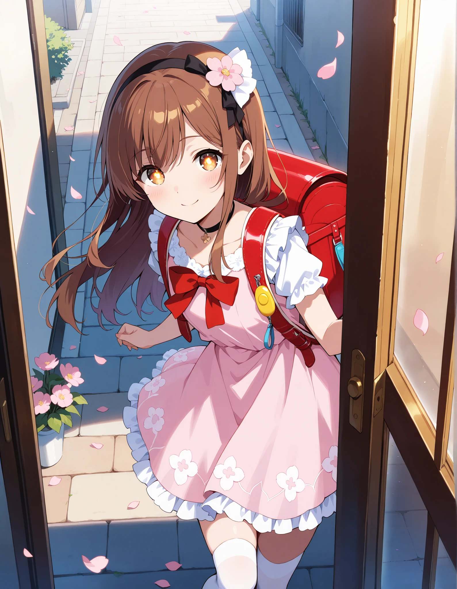 Masterpiece, hd, 1girl,  smile, looking at viewer, in doors, spring,pink dress, gothic dress, brown hair, long hair, hair ornaments, hairband, brown eyes, glowing eyes,  long hair, white thighhighs, frilled dress, bowtie,  detailed face, petals, flower patterned dress,  choker, Outdoor, street, kawaii, wearing Randoseru backpack, red backpack, crime prevention buzzer, looking at viewer, potrait 