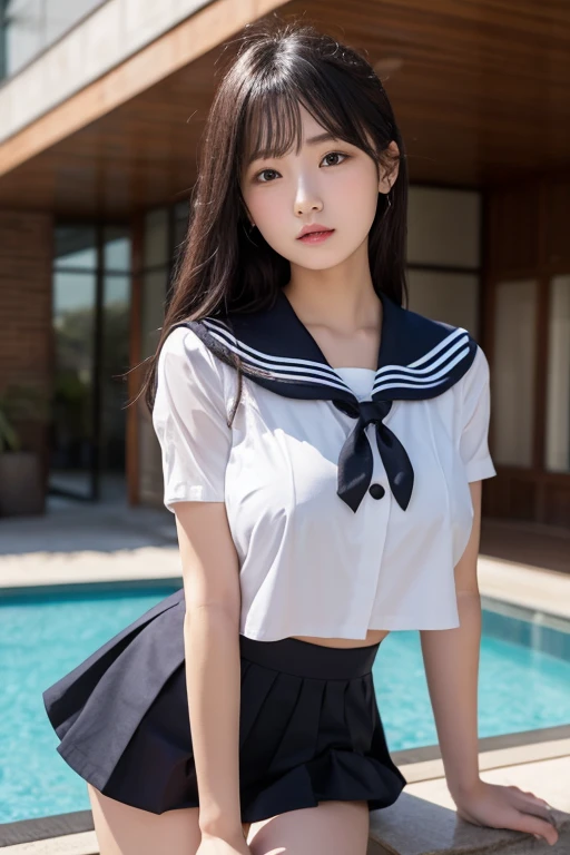 (masterpiece, highest quality:1.2), 8K, official art, RAW photo, incredibly absurd, (whole body, sailor suit:1.4), beautiful girl, 18-year-old、cute face, arch back, navy pleated skirt, close, , short sleeve, gardenia, violaces, pool、sit on a chair、looking at the viewer, film grain, chromatic aberration, sharp focus, face light, dynamic lighting, cinematic lighting, detailed eyes and face, background bokeh, (1 dark red bow tie:1.2)、(heavy rain、dark sky:1.5)、one girl、blush、look at the viewer、(huge breasts:1.2)、wet hair、shiny hair、wet face、wet skin、wet body、wet costume、flower、hairpin、necklace、earrings、Depth of bounds written、pointed red mouth、red mouth,clavicle、beautiful fingers、Loosen your tie、cute wet face、Wet clothes that stick to your chest、Wet and see-through clothes、short hairstyle、view from below