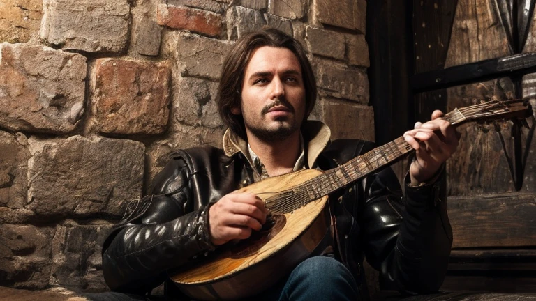 Bard in a rock suit leather jacket , hand with a guitar in hand art 3d rocker against the backdrop of a full-length medieval castle, hand drawn in detail, detailed brush , five fingers , high resolution