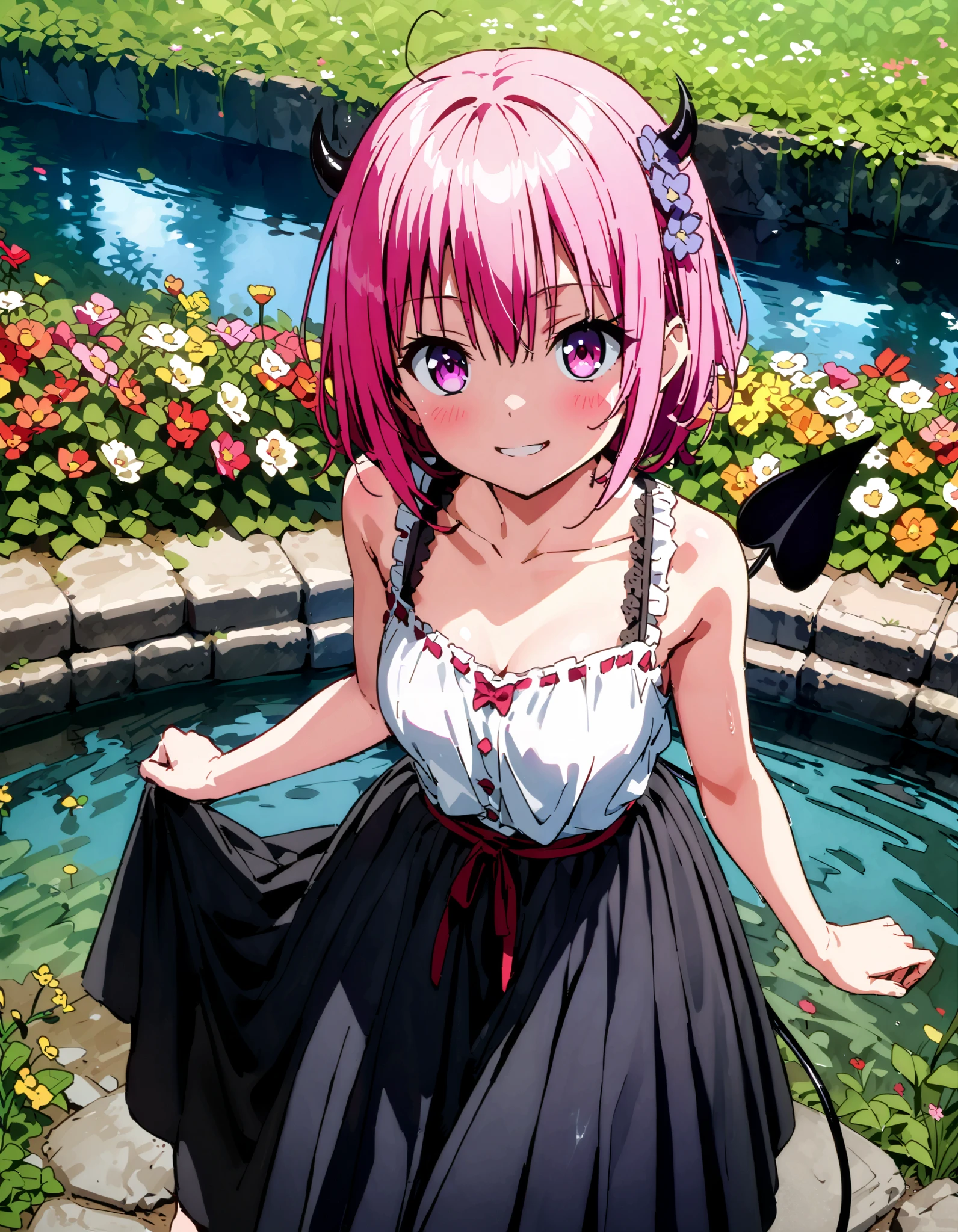 Momo Devil, Momo Deviluke, demon Tail, hair flower, hair ornament, 紫色の目, pink hair with a scar, short hair, smile,blush, mouths,Tail,demon Tail, white sleeveless dress ,Medium breast, long skirt, barefoot,My feet are soaked in water ,noon, are standing,whole bodyがイラストに入るように,
break looking at viewer,whole body,
break outdoors, lake,Flower Field,Mountain,city,,
break (masterpiece:1.2), best quality, high resolution, unity 8k 壁紙 , (shape:0.8), ( attention to beautiful details:1.6), very detailed face, perfect lighting, Highly Detailed CG, ( perfect hand, perfect anatomy),
