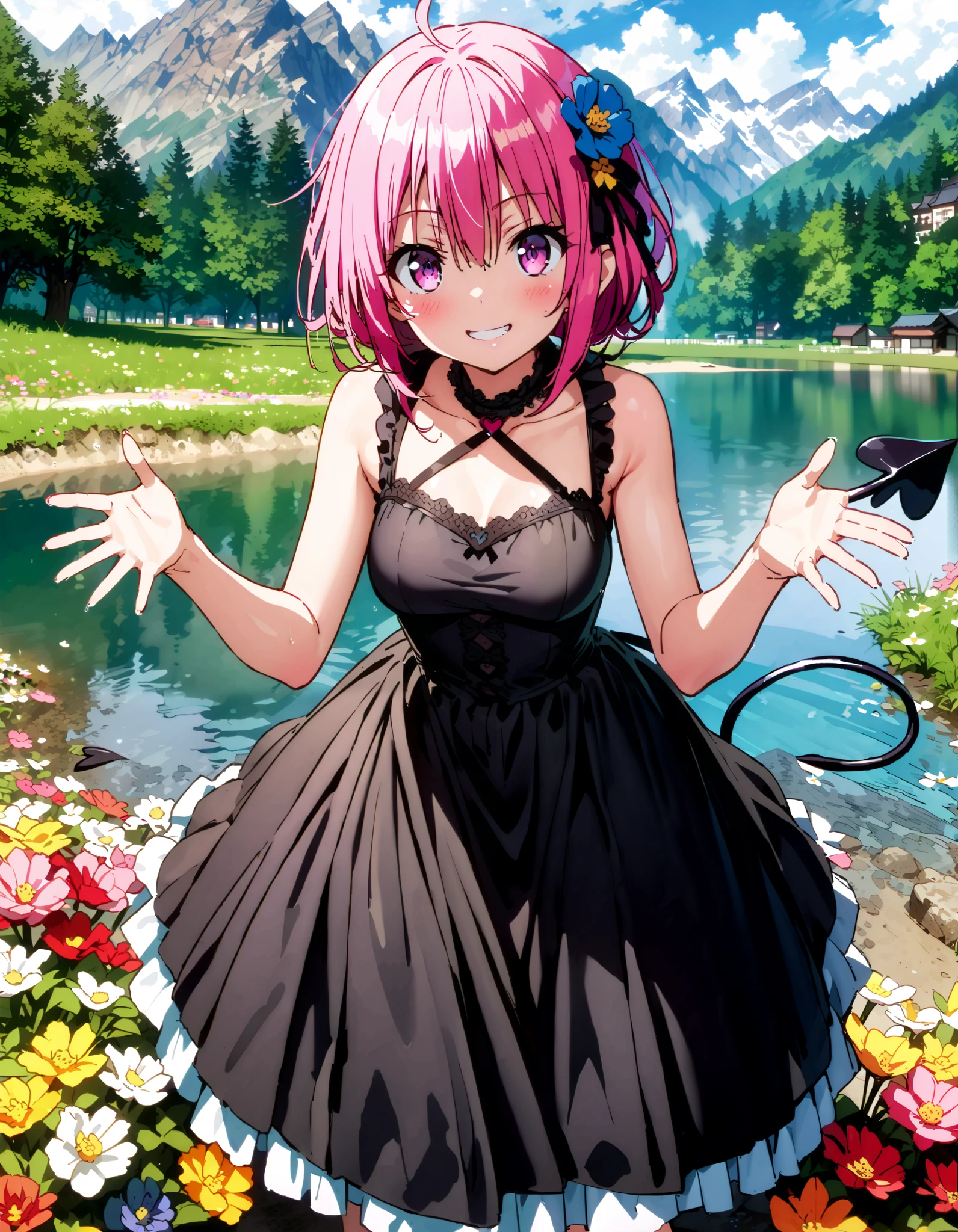 Momo Devil, Momo Deviluke, demon Tail, hair flower, hair ornament, 紫色の目, pink hair with a scar, short hair, smile,blush, mouths,Tail,demon Tail, white sleeveless dress ,Medium breast, long skirt, barefoot,My feet are soaked in water ,noon, are standing,whole bodyがイラストに入るように,
break looking at viewer,whole body,
break outdoors, lake,Flower Field,Mountain,city,,
break (masterpiece:1.2), best quality, high resolution, unity 8k 壁紙 , (shape:0.8), ( attention to beautiful details:1.6), very detailed face, perfect lighting, Highly Detailed CG, ( perfect hand, perfect anatomy),