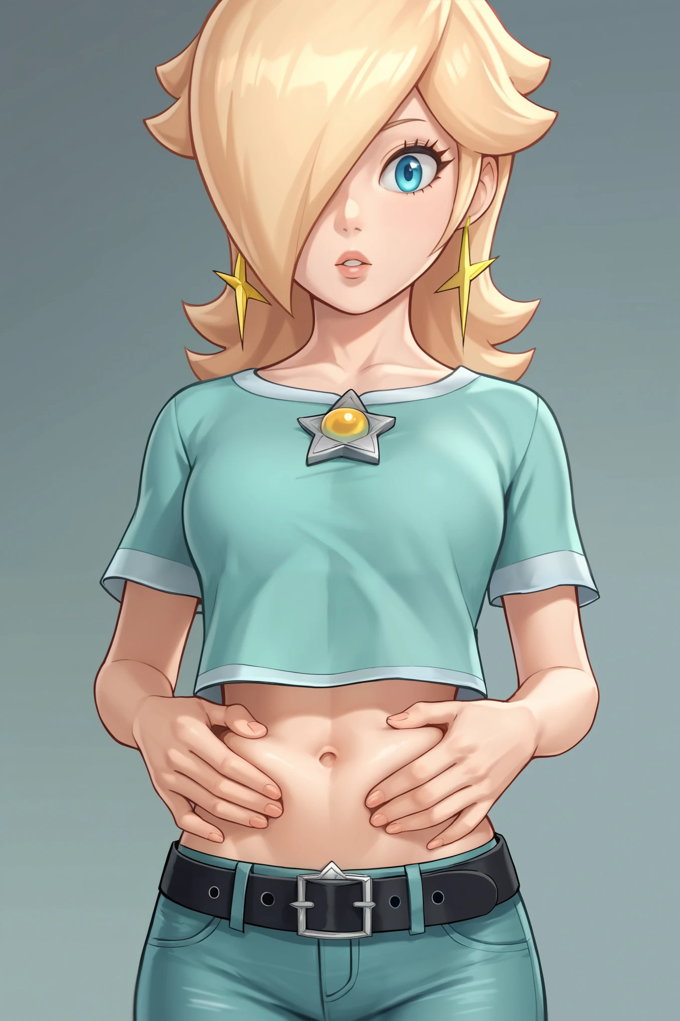 score_9, score_8_up, score_7_up, source_anime, rosalina, blonde hair, blue eyes, hair over one eye, long hair, star earrings, solo, cowboy shot, black t-shirt, taut clothes, tight shirt, midriff, navel, jeans, black belt, parted lips, looking down, hands on own stomach, belly grab