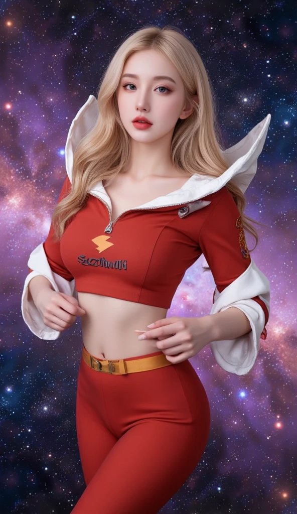 A  and sexy beautiful female asian, long blonde hair, vibrant green eyes, skin tight white blouse, perky breast, open cleavage, red mini skirt. Cosmic universal background