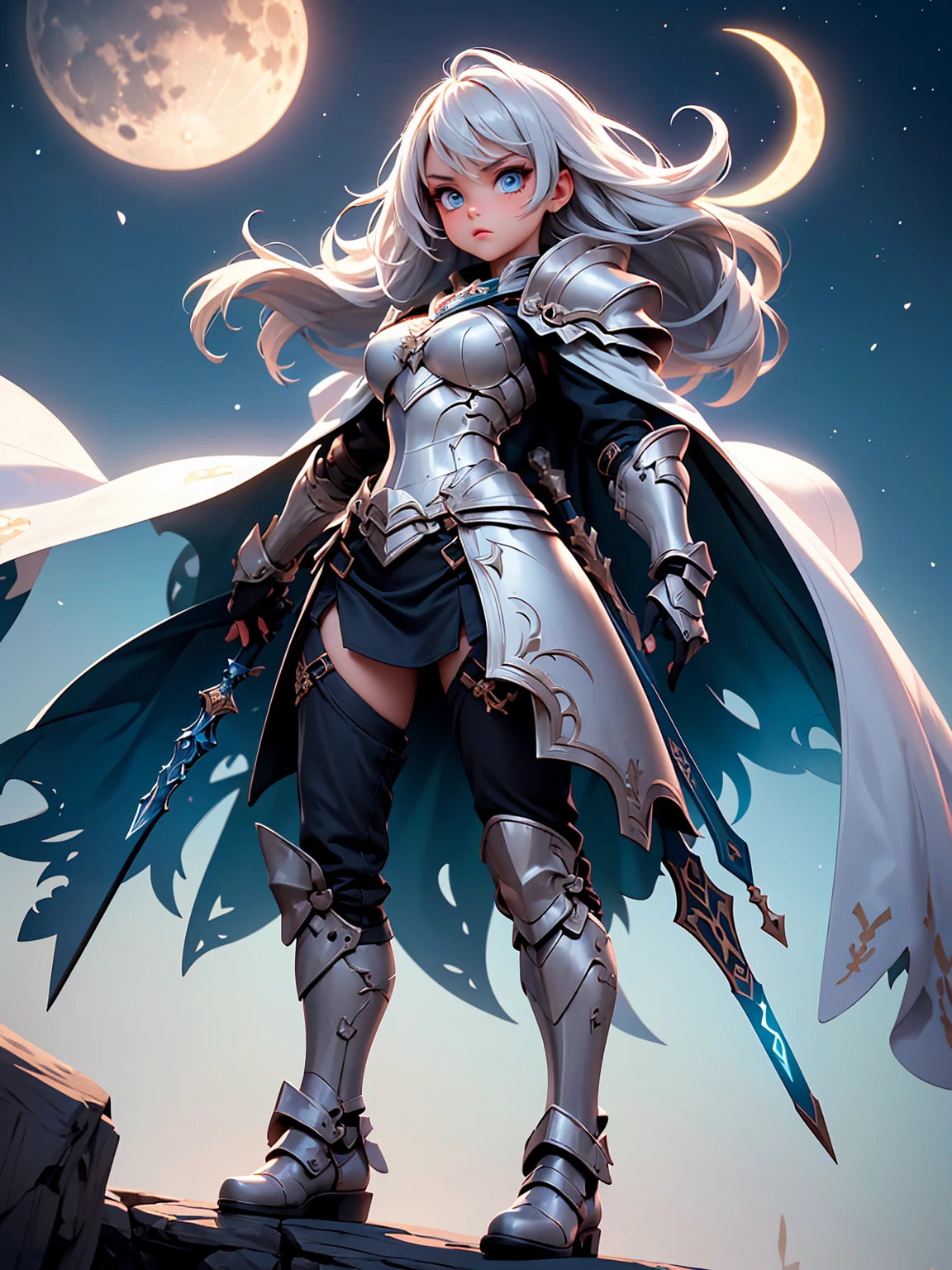 A girl with long silver hair, small double braid and golden eyes,silver forehead protector,Chest,cleavage,Pitch black armor,Hand guard,Iron skirt,Bare Legs,Jet black iron boots,cross sword,Standing,moon,starry night, ,