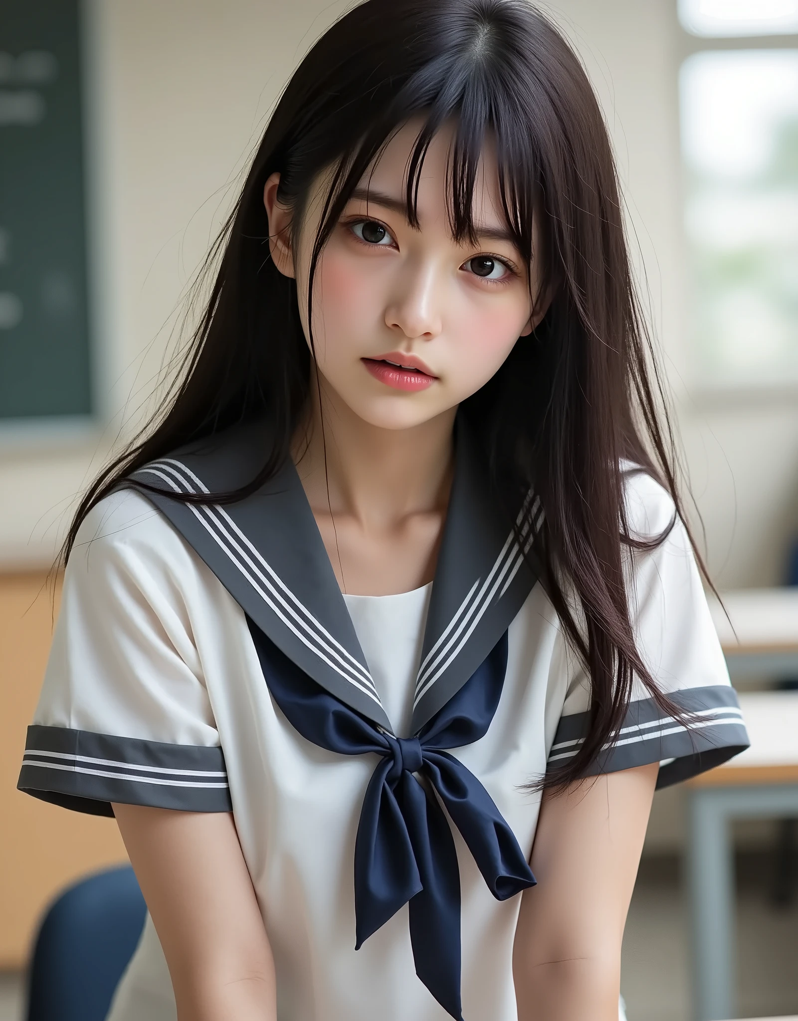 masterpiece, best quality, 8k, official art, raw photo, incredibly absurdres, beautiful girl, pretty face, (sitting, upper body, sailor uniform, serafuku,:1.2), school uniform, shirt, looking at viewer, close up, teen, classroom, bow tie, navy pleated skirt, ultra realistic, highres, photography, film grain, chromatic aberration, sharp focus, facelight, dynamic lighting, cinematic lighting, highest detailed, extreme detailed, ultra detailed, finely detail,  extremely detailed eyes and face