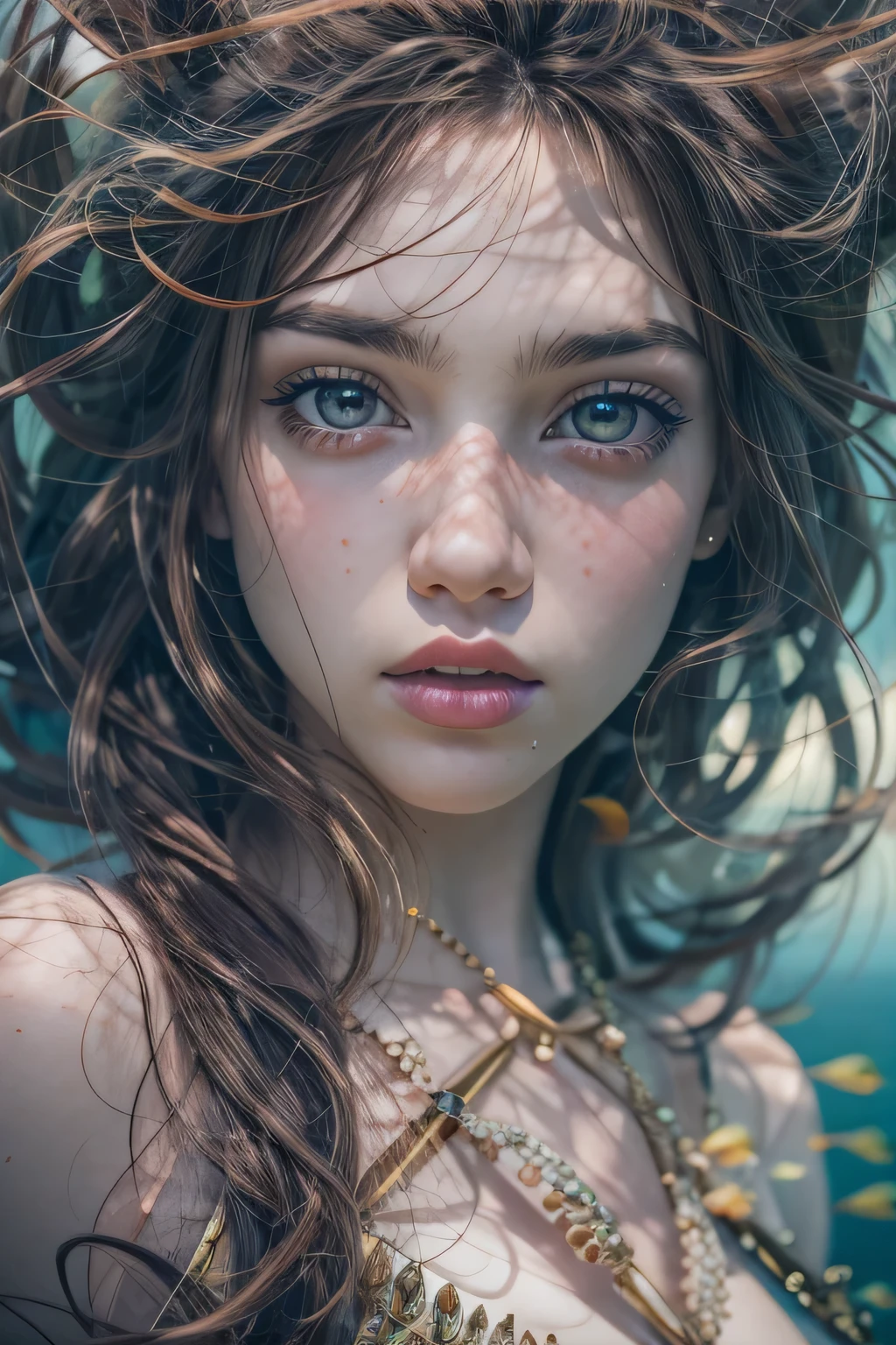 mermaid, girl, old wood ship, dark water, sharks, beautiful detailed eyes, beautiful detailed lips, extremely detailed eyes and face, long eyelashes, underwater, ocean, fantasy, cinematic lighting, dramatic lighting, moody, dark colors, deep ocean, bioluminescent