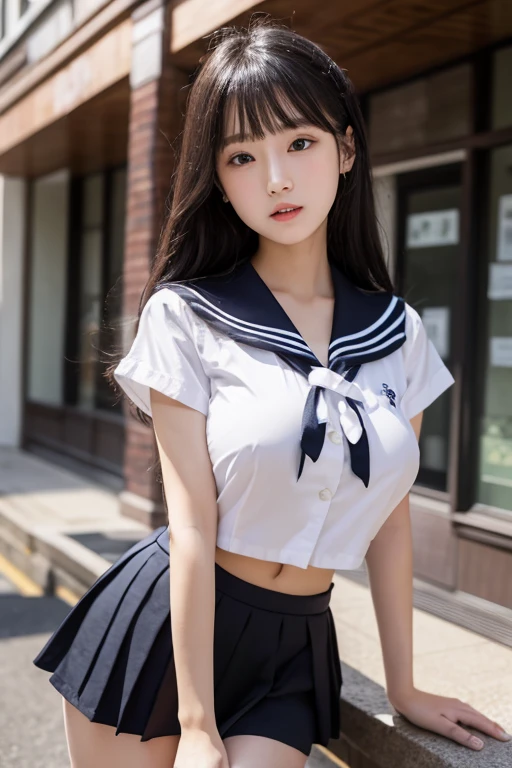 ((Melancholic expression))、((Sad face))、((Angry face))、((Crying face))、(長いBlack Hair)、((((Looking up at the viewer))))、((Highest quality、8k、masterpiece))、Sharp focus:1.2、、((Cleavageが見える))、((Big Breasts))、(Cleavage))、masterpiece、Highest quality、Woman 1、Very detailed、The view looking up from directly below Black Hair Face seen from below ((Japanese schoolgirl))、((Summer sailor uniform))、Pleated skirt、((Big Breasts))、(Cleavage))、Under the chest、Chest seen from below Let me me'Let me'Let's take a look under the sailor suit,((A slightly higher angle))、((from the front))