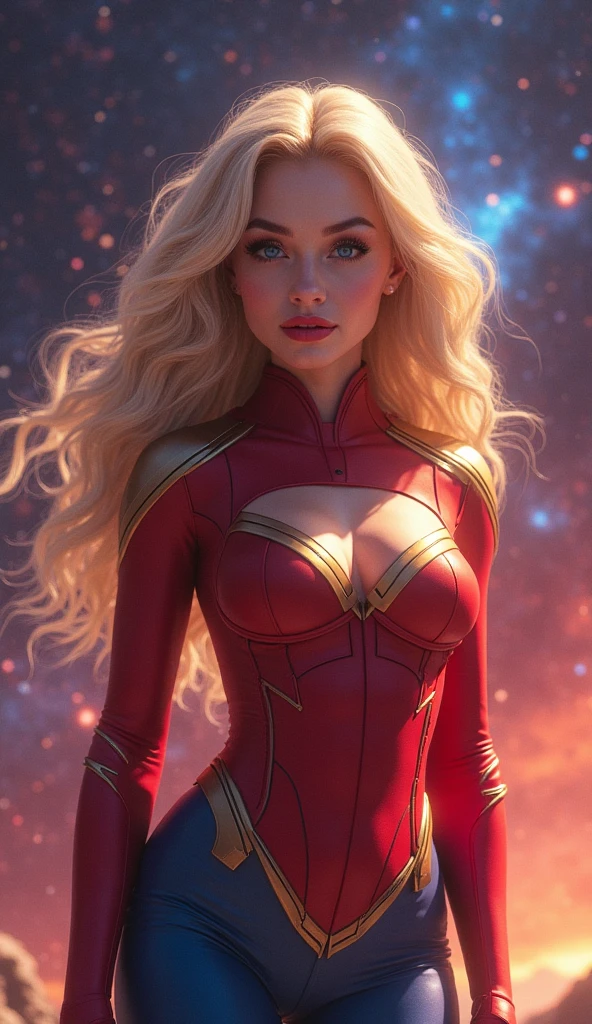 Curl hair. Beautiful teen blonde woman. Hero outfit color red. She wears a jacket but make it heroic outfit. Hand logo