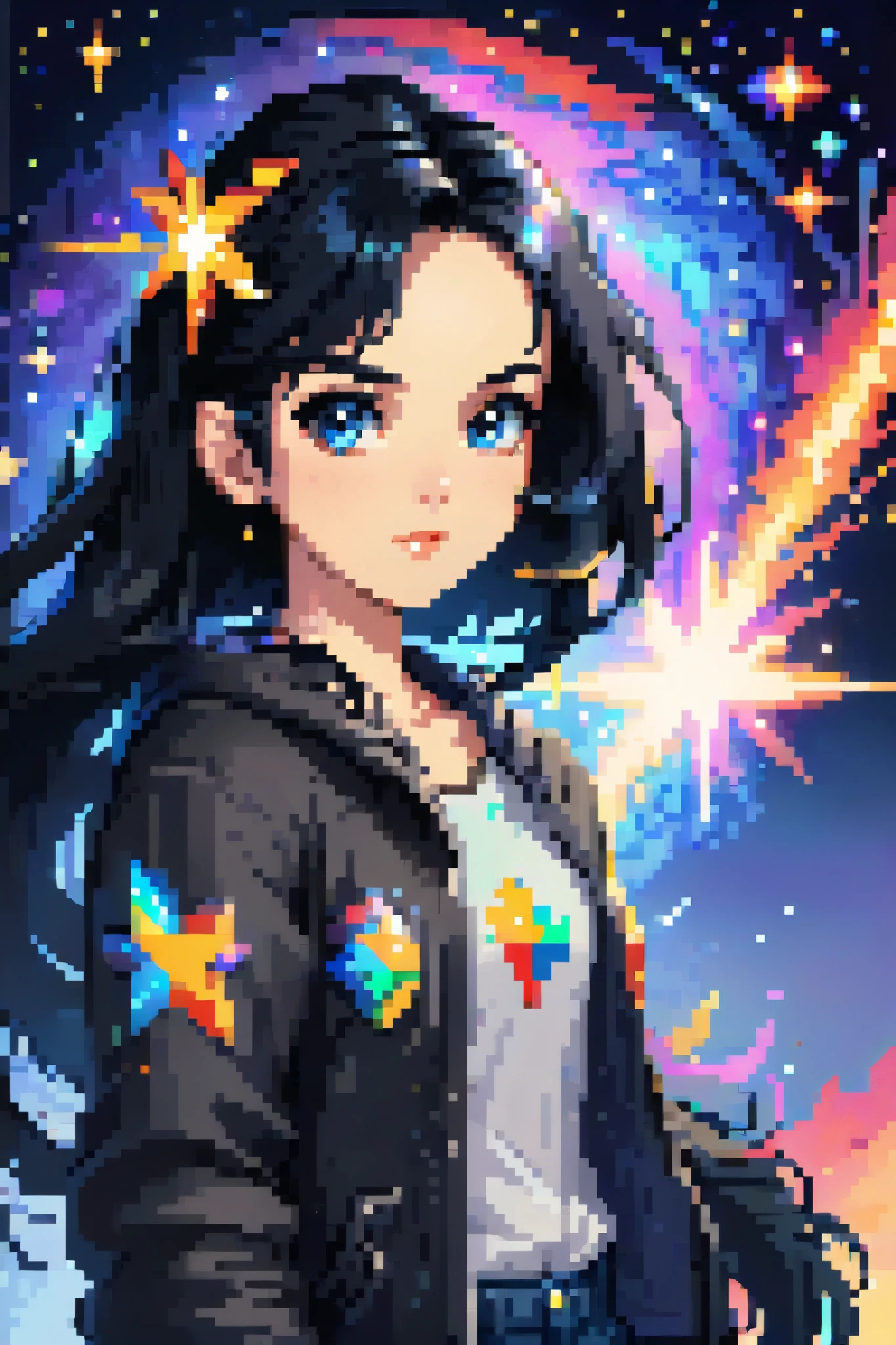  black-haired girl, serious guy, Pixel Cosmic Star.
