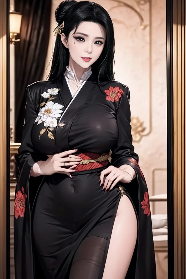highest quality,masterpiece,shape,an very detailed and beautiful,very detailed,CG,unity,8k wallpaper,wonderful,finely,master,highest quality,1 female, mature woman, red lips, Calm, intellectual, Silk luster see-through,black face veil , black nylon , silk stockings ,See-through hakama、transparent black kimono ,sheer lingerie,enamel high heels,pearl necklace,red collar,straight, black eyes,セミロングの黒髪straight, hair ornaments, Japanese style room, navy eyeshadow,Enamel pin heels