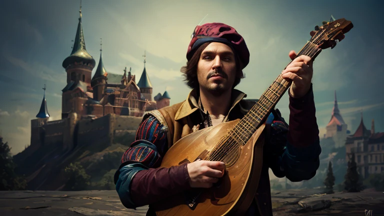 Bard in a rock suit leather jacket , hand with a guitar in hand art 3d rocker against the backdrop of a full-length medieval castle, hand drawn in detail, detailed brush , five fingers , high resolution детально прорисованы руки, пять пальцев кисть руки, деталищировано