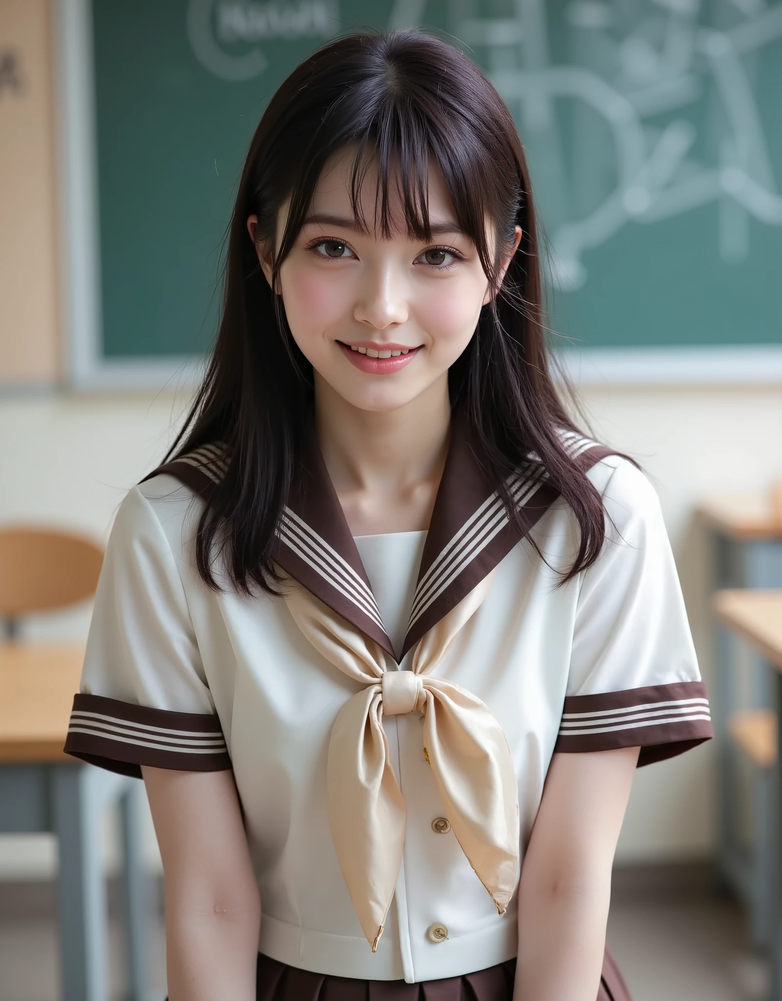 (Canon), (EOS R5), (50mm), ((( photorealistic:1.5))), (No lens flare :1.5), ((超 high resolution)), (masterpiece), accurate,( is presentな質感の肌), more details, high detail, high quality , Award-winning work , 最 high quality, 32K, depth of coverage, digital camera, award-winning glamour photo , professional lighting, (SFW), ((最 high quality:1.5)), ((masterpiece:1.5)), (( is present)), high resolution, is presentな影, Roughness, Real Life,( 1 Japanese woman so beautiful and cute), ( The cuteness of Japan's top idol ), ((Upper body shot seen obliquely from the front :1.5)), (( upper body shot from head to knee :1.5)), (( cute 18-year-old Japanese high school girl )), (((white short sleeve sailor suit:1.8))), (( high school classroom , desk, chair, blackboard, and window visible )), (((襟と胸当てが茶色で3本の白色ラインがある半袖の白色夏服セーラー服と brown flare skirt を着て椅子に座っている:1.8))), (( short sleeve white sailor suit with brown collar and breast :1.8)), (( no front buttons on a sailor suit :1.8)), (( sailor suit bib is brown and has 3 white lines :1.5)), (( brown flare skirt :1.5)), (( cream scarf for sailor suit :1.8)), ((Brown scarf closure :1.5)), (( no accessories:1.5)), (( No Earrings :1.5)), ((Without necklace:1.5)), ((Women's watch on her left arm )), (( a very cute high school girl who feels young )), Attractive cuteness , seductive pose holding hands, Height: 160cm, slim figure, Beautifully shaped bust, D Cup, ((少し歯が見える very cute smile:1.5)), (Alone:1.5), (There is only one person in the classroom), ( brown eyes:1.9), ( Detailed depiction of extremely realistic skin ), (Highly detailed, realistic eyes:1.9), (Very beautiful, long, realistic eyelashes), (Highly detailed, realistic eyebrows), (丸い brown eyes :1.8), ( beautiful catchlight on the eyes), (Realistic lips with moisture ), ( white realistic teeth arranged neatly), ( Beautiful and Detailed Face :1.6), ( hourglass figure :1.6), (Wasp waist :1.5), ( Perfectly round and beautifully shaped bust :1.8), ( clearly contoured cheekbones :1.5), ( perfectly styled body :1.8), (Healthy body :1.8), (Narrow shoulders:1.9), ( staring at viewers), ( seductive gaze ), (Beautiful, natural-looking hands), ( beautiful pink nails with a beautiful length ), ( show your hands as little as possible ), ( very cute smile:1.1), ( her stomach and navel may be slightly visible:1.4), ( dark hair medium hair :1.3), ( beautiful black hair), ( with bangs), Natural atmosphere, Very cute type, beautiful thighs, (( evening classroom )), (( with a pencil case and notebook on her desk :1.4)), (( show your hands as little as possible )), ((I can't show my feet)), blur background, Illuminate the face, dynamic pose , beautiful body line , Beautiful, realistic skin , Art Photography, beautiful soft lighting , accurate手の形, accurate指の形, accurate指の数,5 fingers on one hand ,((No watermark, No signature))