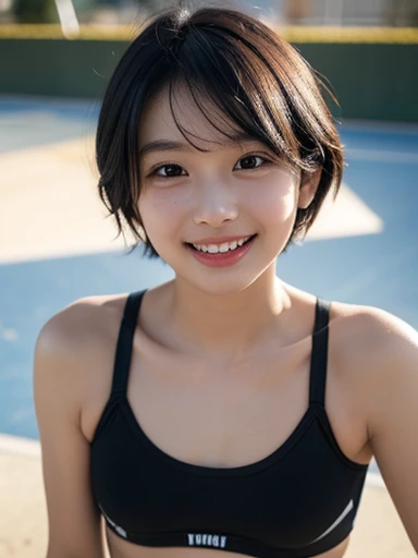 ((((Whole body 1.4)))),1 person, masterpiece,Best image quality,13 years, smile, Beautiful Eyes, Perfect Eyes, Beautiful Lips, Perfect Lips, short hair, Sexy uniforms of track and field athletes,Moriman,Perfect Face, Angelic,Idol, Superrealism,Surreal, Japanese film grain, Gym,Perfect hands,Perfect legs,