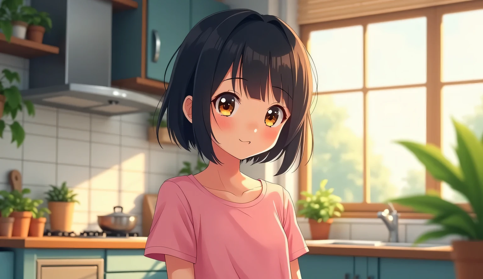 Anime style with vibrant colors. A modern kitchen with some green plants decorations. A girl with black short hair, and brown eyes , dressed in a pink T-shirt.(Ultra realistic), (Ultra resolution), (very high resolution), (sharp details), (vibrant colors), (well-lighting). (best quality, well-lighting. High lighting. vibrant-saturated colors. Best lightning. Best quality).