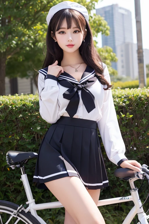 (best quality:1.2), (masterpiece:1.2), full body, very detailed, high resolution, 8k, ((1 girl)), (cute Japanese woman), (cute 24 year old beauty), Round face, cute round face, slim body, (slightly saggy medium breasts), thin lips, detailed face, Beautiful and elegant face, cute face, natural bangs, arched eyebrows, well-groomed eyebrows, (big eyes with a good balance between the left and right sides), cute eyes, beautiful eyes, beautiful thin nose, beautiful face line, (beautiful skin), medium hair, ((natural bangs)), slim figure, beautiful legs, smooth skin , slim and beautiful thighs, cute and sexy slim 24 year old woman, fair skin, Beautiful breasts, medium breasts, I-type Valley, cleavage, (The best lighting:1.5), (Slender and slim body:1.5), (Slim waist), (slim hips), Black hair, brunette hair, (Round face:1.4), ((underboob)), Black hair, , high , sailor suit, pleated micro mini skirt, white blouse, ribbon,  See-through stockings with lace, Beautiful navel,