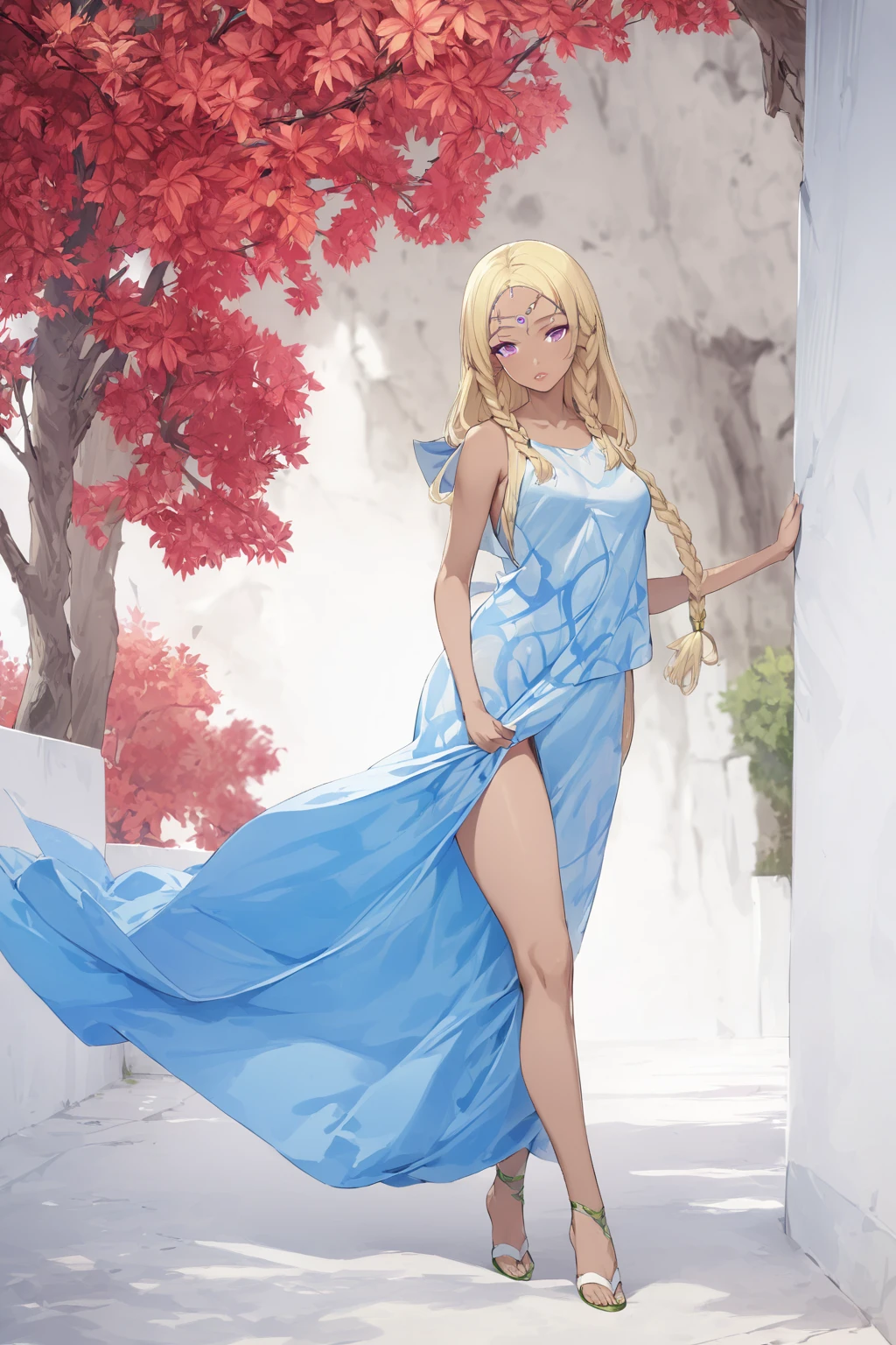 (Masterpiece, plain background:1.2, far shot view from below angle,1chica 1solo) de pie cuerpo completo, mujer madura, morimoto_leona, blonde_hair, drill hair, blue eyes, large breasts, standing, floral sundress