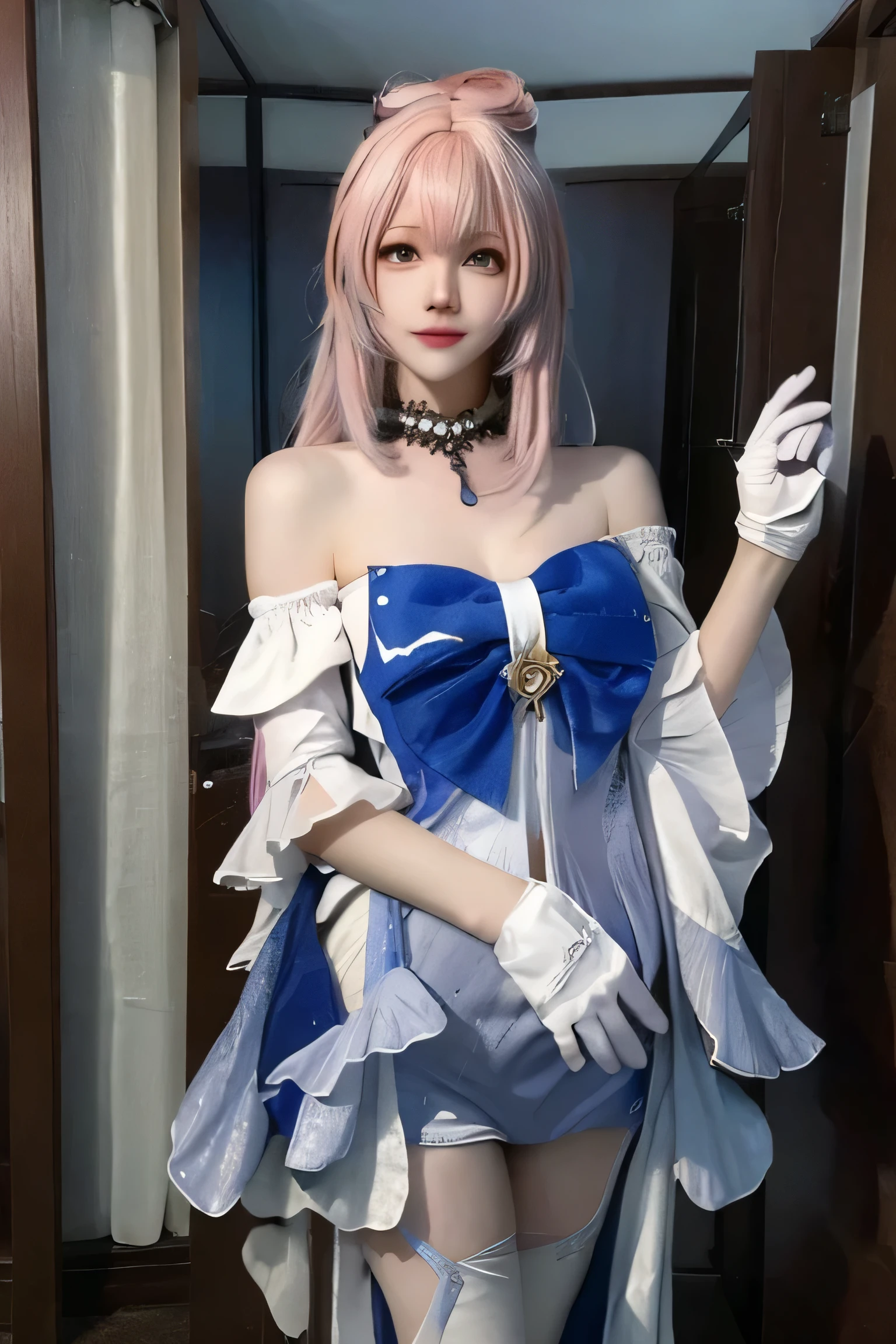 (best quality), (masterpiece), (Ultra-high resolution), (Clear face), (Reality: 1.4), (perfect lighting),(photorealistic:1.30), anime wallpaper, Guviz style artwork , fantasy cover up to magic , by Yang J, Guviz, beautiful artwork illustration, beautiful digital artwork, beautiful digital illustration, Li Song, beautiful anime portrait, art style at Beauvot,illustration, ethereal and beautiful, highly detailed, CG, unity, 8k wallpaper, Amazing, fine detail, official art, highly detailed CG unity 8k wallpaper,absurd, extremely absurd, large file size, highly detailed , high resolution, very detailed,beautiful girl with details, very detailed eyes and face, beautiful detailed eyes,light on the face,cinematic lighting, 1girl, solo, looking at viewer, cowboy shot, sangonomiya kokomi cosplay costume, sangonomiya kokomi, genshin impact, cosplay, alternate costume, pink hair, gradient hair, multicolored hair, long hair, dress, off-shoulder dress, frilled dress, frills, bow, detached collar, detached sleeves, dress bow, bare shoulders, hair ornament, gloves, white gloves, thighhighs, indoor, room backround, (standing:1.3), (upper body:1.3),