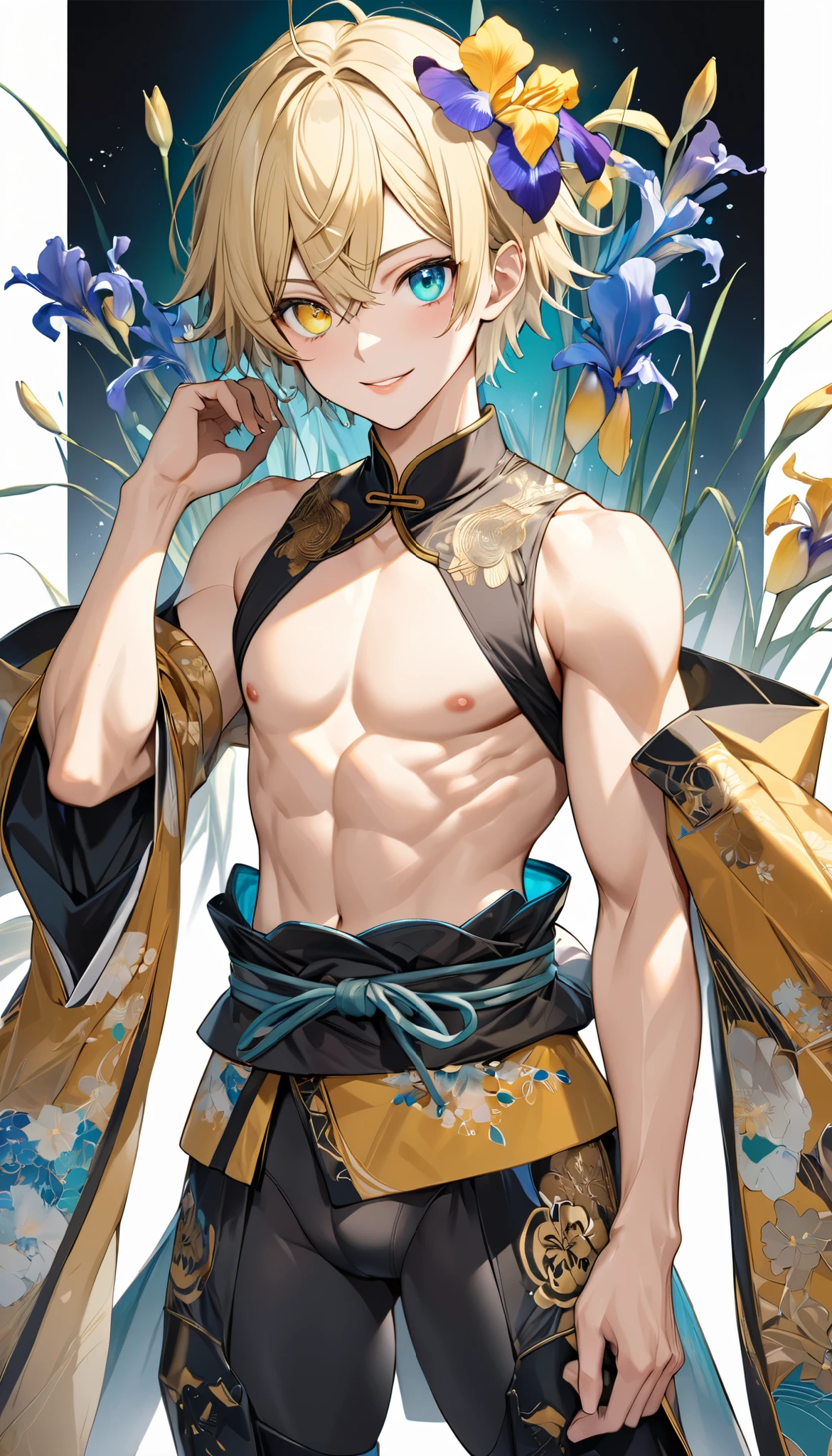fresh illustration ,
Superfine painting,
very delicate illustration ,
Very fine details ,
1boy ,
(( standing))
Alone,
Height: 158cm,
Beige Skin,
Cheeks are ruddy,
((The iris on the left is medium aquamarine and the iris on the right is yellow ))
((Complete iris heterochromia )),
beautiful eyes,
large black pupils ,
Short short hair,
Blonde,
the tips of the hair are whitish ,
The hair has gradation ,
shiny hair with makeup,
young but beautiful and bewitching face ,
The lips are extremely small,
is smiling,
a small halo that shines brightly on the head ,
the tips of the eyebrows are slightly lowered ,
the upper body is worn in kimono ,
thin pectoral muscle,
six pack,
Slim waist,
thin legs ,
The lower body is long, transparent clothing in the style of a Chinese dress with slits on both hips,
The color of the obi is red ,,
the obi is tastefully embroidered with silver thread ,
fine fabric clothing ,
Jockstrap underwear claims to be male,
the thigh strap cuts into the skin ,
Are the tips of long boots Japanese style,
Isometric,
golden ratio,
god々 atmosphere,
wearing a padded collar innerwear ,
white background,
tactical use of shadows ,
the ring of the head and hair fit inside the frame ,
Clothes fit inside the frame ,
(( full shot))
facing the front,