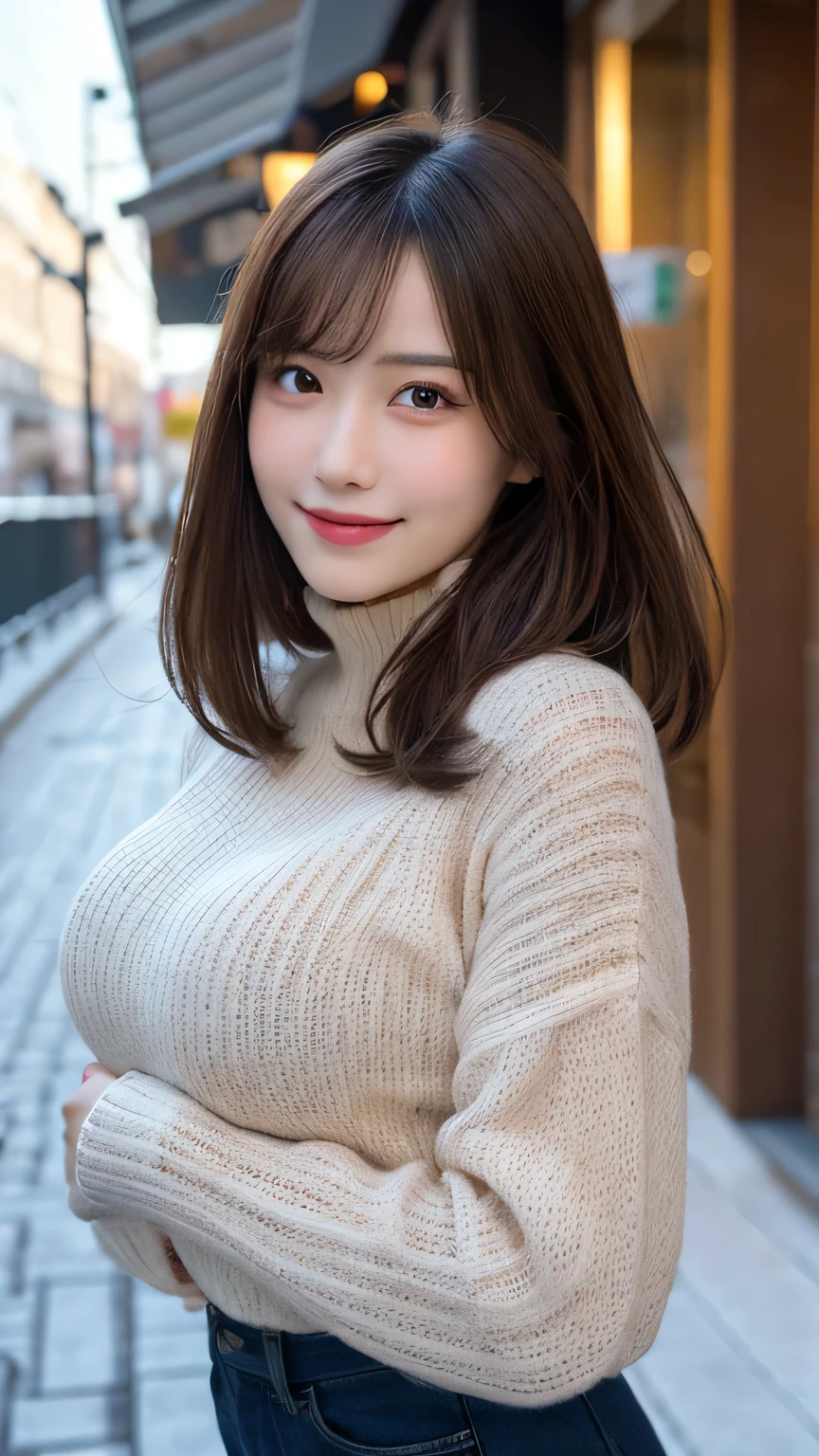table top, highest quality, figure, super detailed, small details, High resolution, 8k wallpaper, 1 girl, alone, japanese girl, 18-year-old, 完璧なダイナミックな構figure, detailed and beautiful eyes,  natural lip, ((open chest:1.2) turtleneck tight knit sweater), (Sweaters in different colors:1.4), big breasts, firm chest, cleavage, (charming smile:1.1), from the waist up, ,shallow depth of field, focus on the eyes, (short hair:1.2), light makeup,