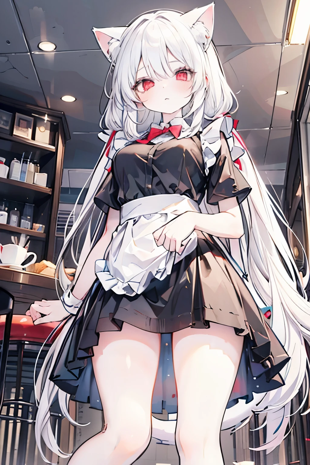 masterpiece, 8k, Cat ears, White hair, Red eyes, Twintail hair, Beautiful girl sitting in cafe , wearing a dressy maid uniform,
Open legs, wariza, medium breast, blushed, (From below:1.3), detailed background,