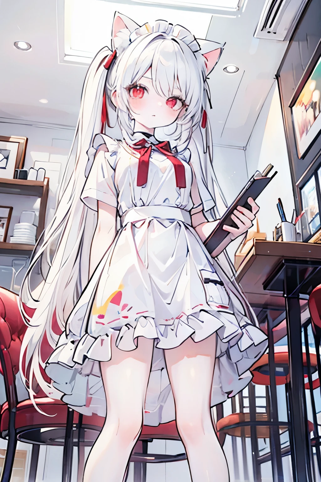 masterpiece, 8k, Cat ears, White hair, Red eyes, Twintail hair, Beautiful girl sitting in cafe , wearing a dressy maid uniform,
Open legs, wariza, medium breast, blushed, (From below:1.3), detailed background,