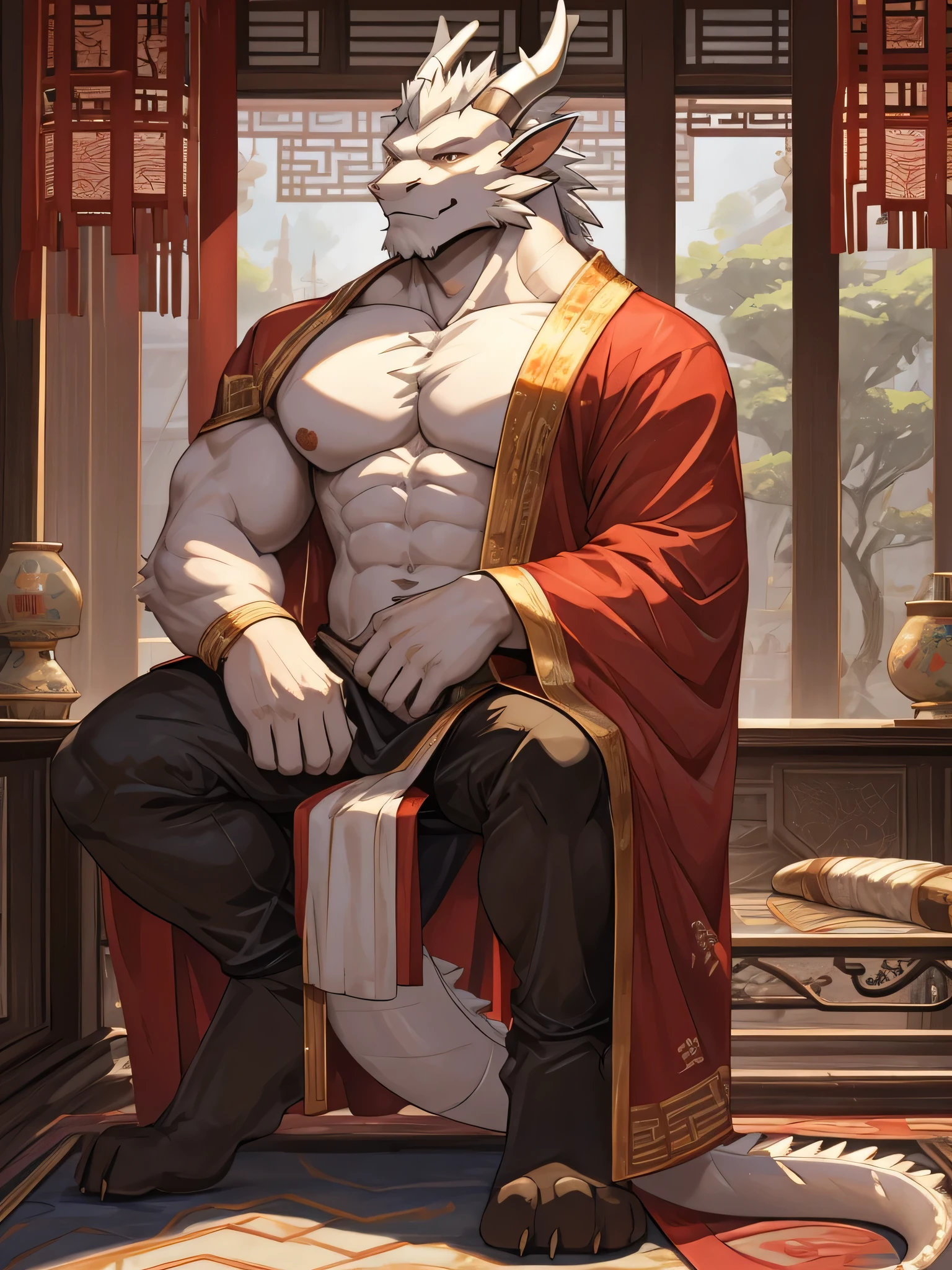 Score_9, score_8_up, score_7_up, 1boy, solo, furry, <lora:Thunder:1> Thunder, red eyes, black skin, colored sclera, china dress, pelvic curtain, groin, gold trim, indoors, detached sleeves,  legs, hand on own hip, tongue out, wide sleeves,