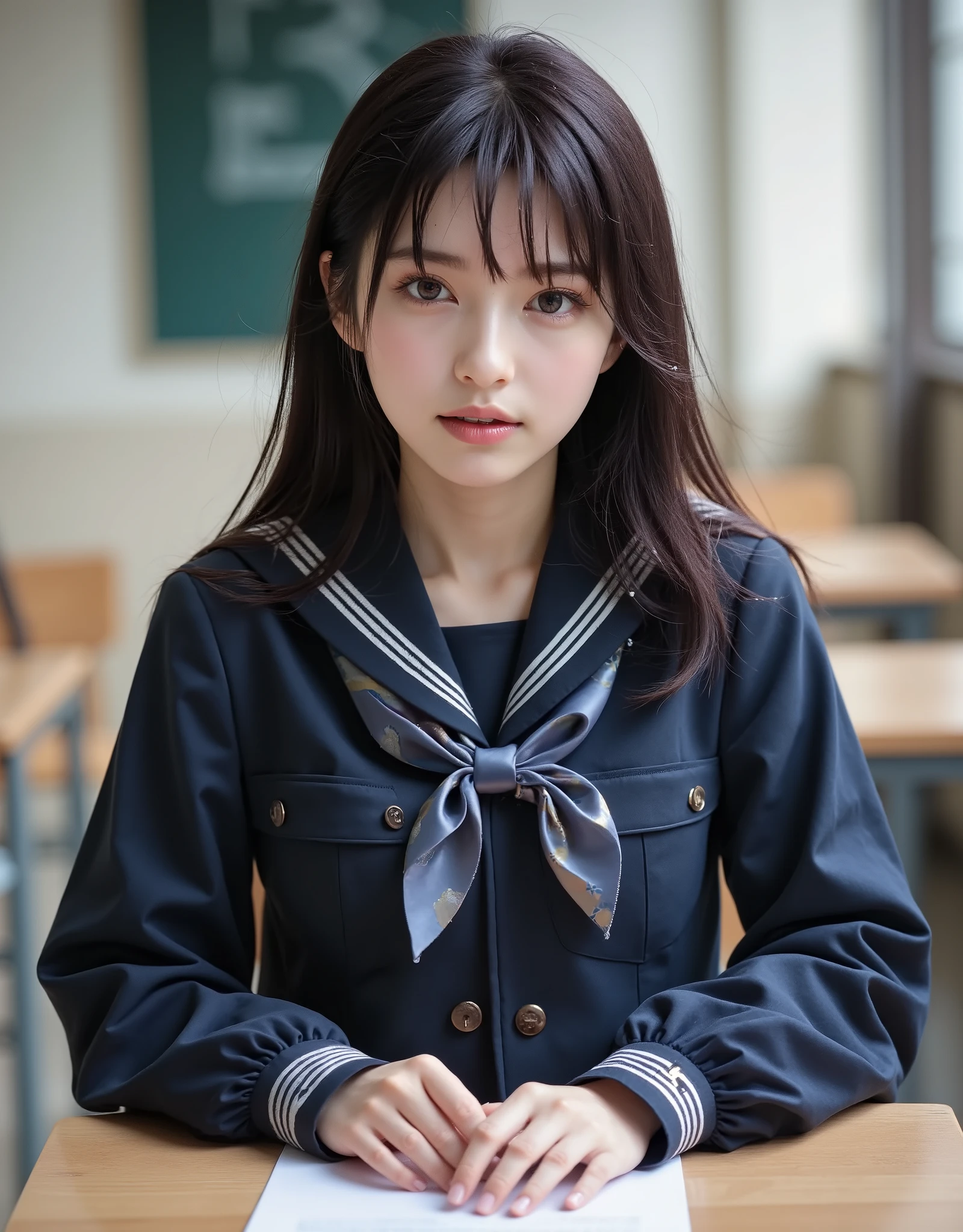 (Canon), (EOS R5), (50mm), ((( photorealistic:1.5))), (No lens flare :1.5), ((超 high resolution)), (masterpiece), accurate,( is presentな質感の肌), more details, high detail, high quality , Award-winning work , 最 high quality, 32K, depth of coverage, digital camera, award-winning glamour photo , professional lighting, (SFW), ((最 high quality:1.5)), ((masterpiece:1.5)), (( is present)), high resolution, is presentな影, Roughness, Real Life,( 1 Japanese woman so beautiful and cute), ( The cuteness of Japan's top idol ), ((Upper body shot seen obliquely from the front :1.5)), (( upper body shot from head to knee :1.5)), (( cute 18-year-old Japanese high school girl )), (( high school classroom , desk, chair, blackboard, and window visible )), (((Navy blue short sleeve sailor suit with dark blue collar and 3 brown lines :1.8))), (((襟と胸当てが紺色で3本の茶色ラインがある半袖の紺色夏服セーラー服と dark blue flare skirt を着て椅子に座っている:1.8))), (( short sleeve navy blue sailor suit with dark blue collar and breastplate :1.8)), (( no front buttons on a sailor suit :1.8)), (( sailor suit chest is dark blue with 3 brown lines :1.5)), (( dark blue flare skirt :1.5)), ((Brown scarf for sailor suit :1.8)), ((Navy blue scarf closure :1.5)), (( no accessories:1.5)), (( No Earrings :1.5)), ((Without necklace:1.5)), ((Women's watch on her left arm )), (( a very cute high school girl who feels young )), Attractive cuteness , seductive pose holding hands, Height: 160cm, slim figure, Beautifully shaped bust, D Cup, ((少し歯が見える very cute smile:1.5)), (Alone:1.5), (There is only one person in the classroom), ( brown eyes:1.9), ( Detailed depiction of extremely realistic skin ), (Highly detailed, realistic eyes:1.9), (Very beautiful, long, realistic eyelashes), (Highly detailed, realistic eyebrows), (丸い brown eyes :1.8), ( beautiful catchlight on the eyes), (Realistic lips with moisture ), ( white realistic teeth arranged neatly), ( Beautiful and Detailed Face :1.6), ( hourglass figure :1.6), (Wasp waist :1.5), ( Perfectly round and beautifully shaped bust :1.8), ( clearly contoured cheekbones :1.5), ( perfectly styled body :1.8), (Healthy body :1.8), (Narrow shoulders:1.9), ( staring at viewers), ( seductive gaze ), (Beautiful, natural-looking hands), ( beautiful pink nails with a beautiful length ), ( show your hands as little as possible ), ( very cute smile:1.1), ( her stomach and navel may be slightly visible:1.4), ( dark hair medium hair :1.3), ( beautiful black hair), ( with bangs), Natural atmosphere, Very cute type, beautiful thighs, (( evening classroom )), (( with a pencil case and notebook on her desk :1.4)), (( show your hands as little as possible )), ((I can't show my feet)), blur background, Illuminate the face, dynamic pose , beautiful body line , Beautiful, realistic skin , Art Photography, beautiful soft lighting , accurate手の形, accurate指の形, accurate指の数,5 fingers on one hand ,((No watermark, No signature))