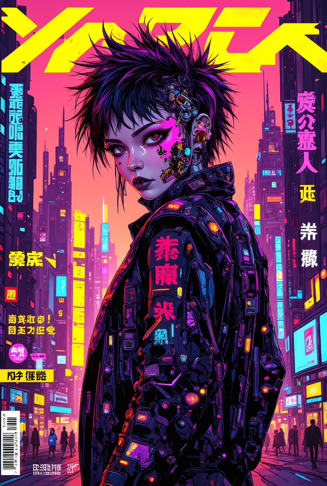 ((manga magazine cover shot) of (perfect Asian cyberpunk girl) in cyberpunk city))), ((graphic design ((Japanese text banner headline)))), (((dynamic pose))), ((LED lights)), (((extremely weird punk hairstyle))), ((manga drawing)), warm colours, ((cinematic lighting)), barcode, NSFW
