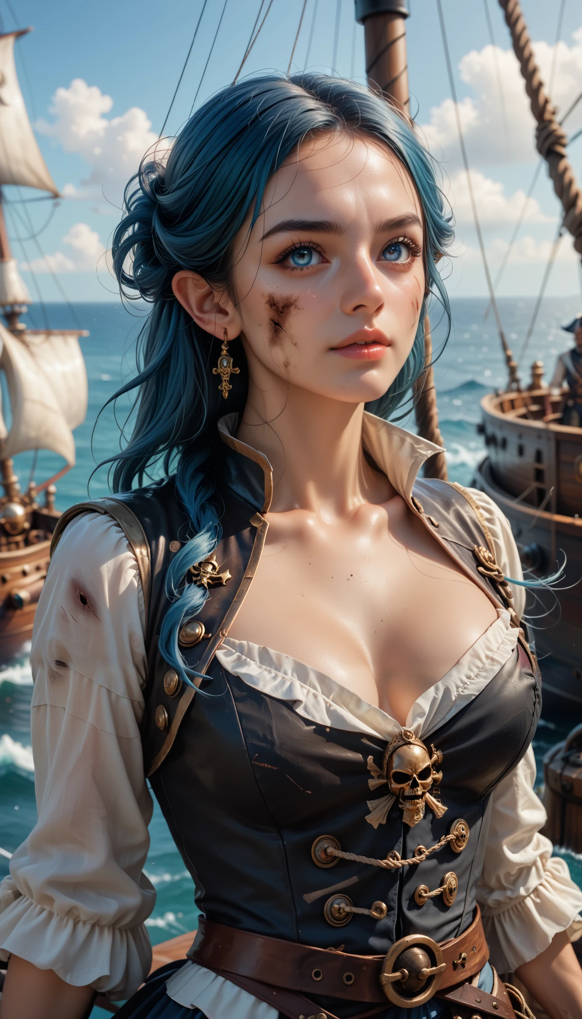 cinematic lighting, UHD, ((masterpiece)), super detail, (detailed eyes, detailed face), high quality, highres, high details, Pirate, Captain, blue Hair, Elf, On the pirate ship, Covered in wounds, Raise her sabre and encourage her allies.