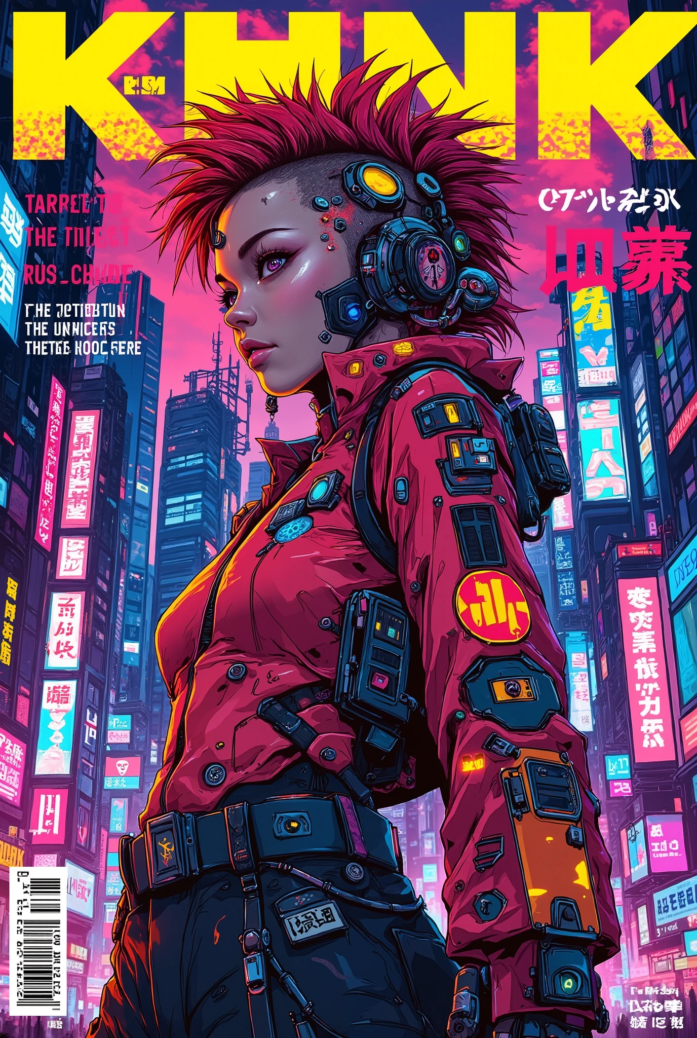 ((manga magazine cover shot) of (perfect Asian cyberpunk girl) in cyberpunk city))), ((graphic design ((Japanese text banner headline)))), (((dynamic pose))), ((LED lights)), (((extremely weird punk hairstyle))), ((manga drawing)), warm colours, ((cinematic lighting)), barcode, NSFW