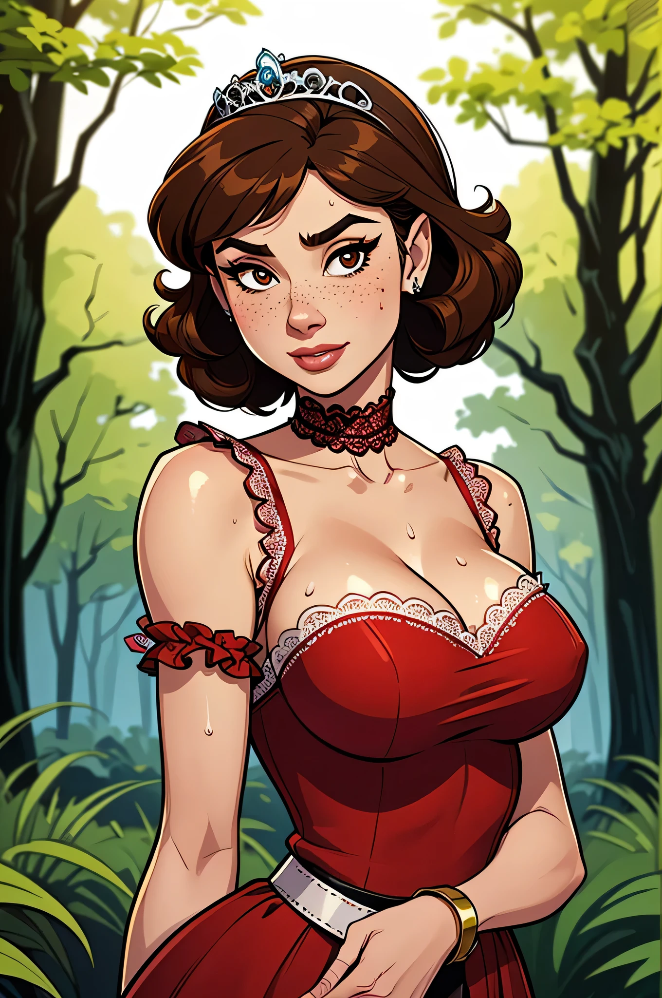 Baroness, ((brown hair, glowing brown eyes, wide eyes, lipstick, makeup, narrow waist, skinny, medium breasts, alone)), pelvic curtain, ((ice cream cone hat, red panties,red bra)), full body, perfect body, (insanely detailed, beautiful detailed face, masterpiece, best quality) , (((solo))), (((1girl))), (((mature))), (extremely detailed 8k paper CG wall unit: 1.1), (garden, dusk), (evil smile face for the viewer),