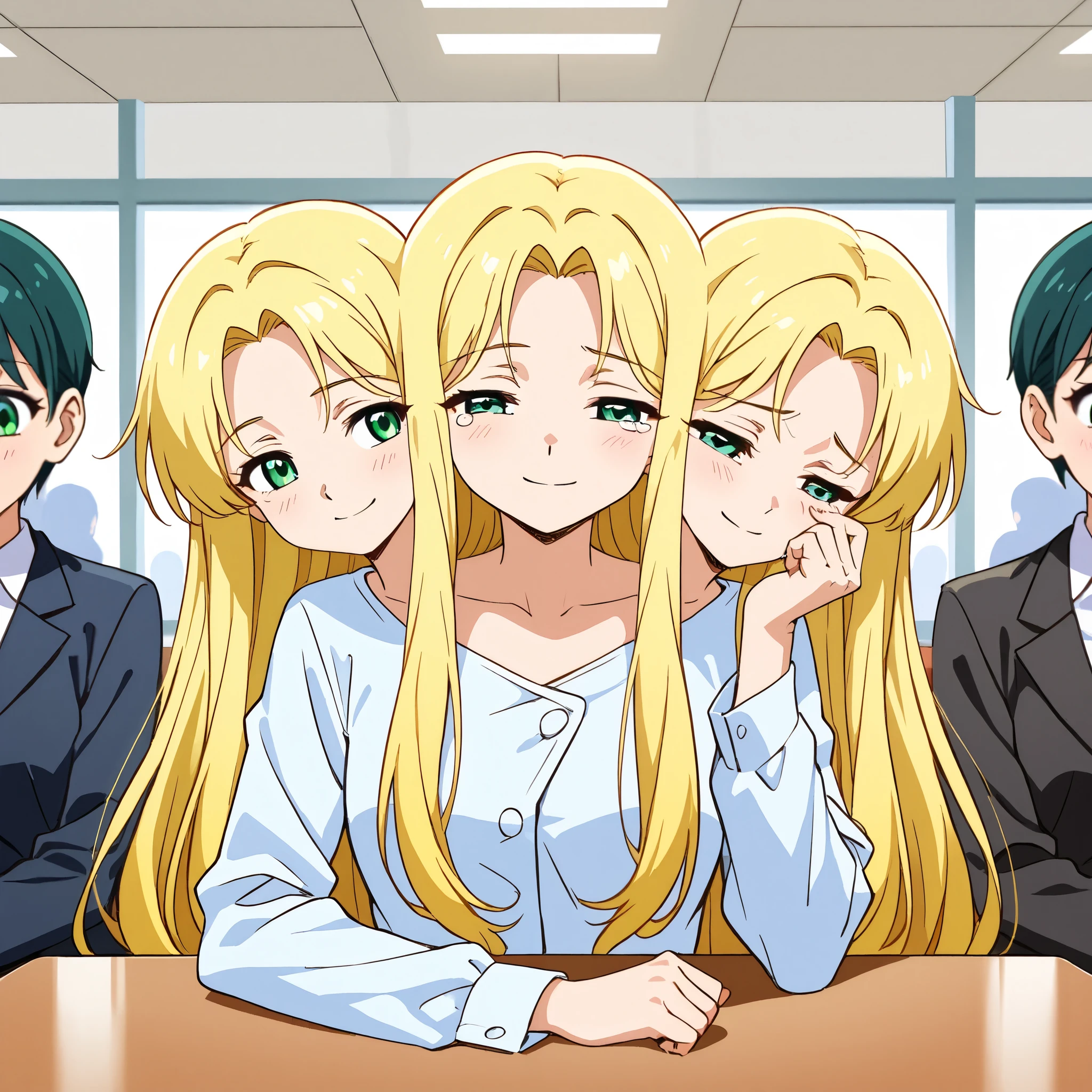 anime girl with three heads, conjoined, long blond hair, green eyes, contemplative, thin smile, wiping tears from her eyes, office clothes, sitting at a table, office cafeteria, other people talking in background
