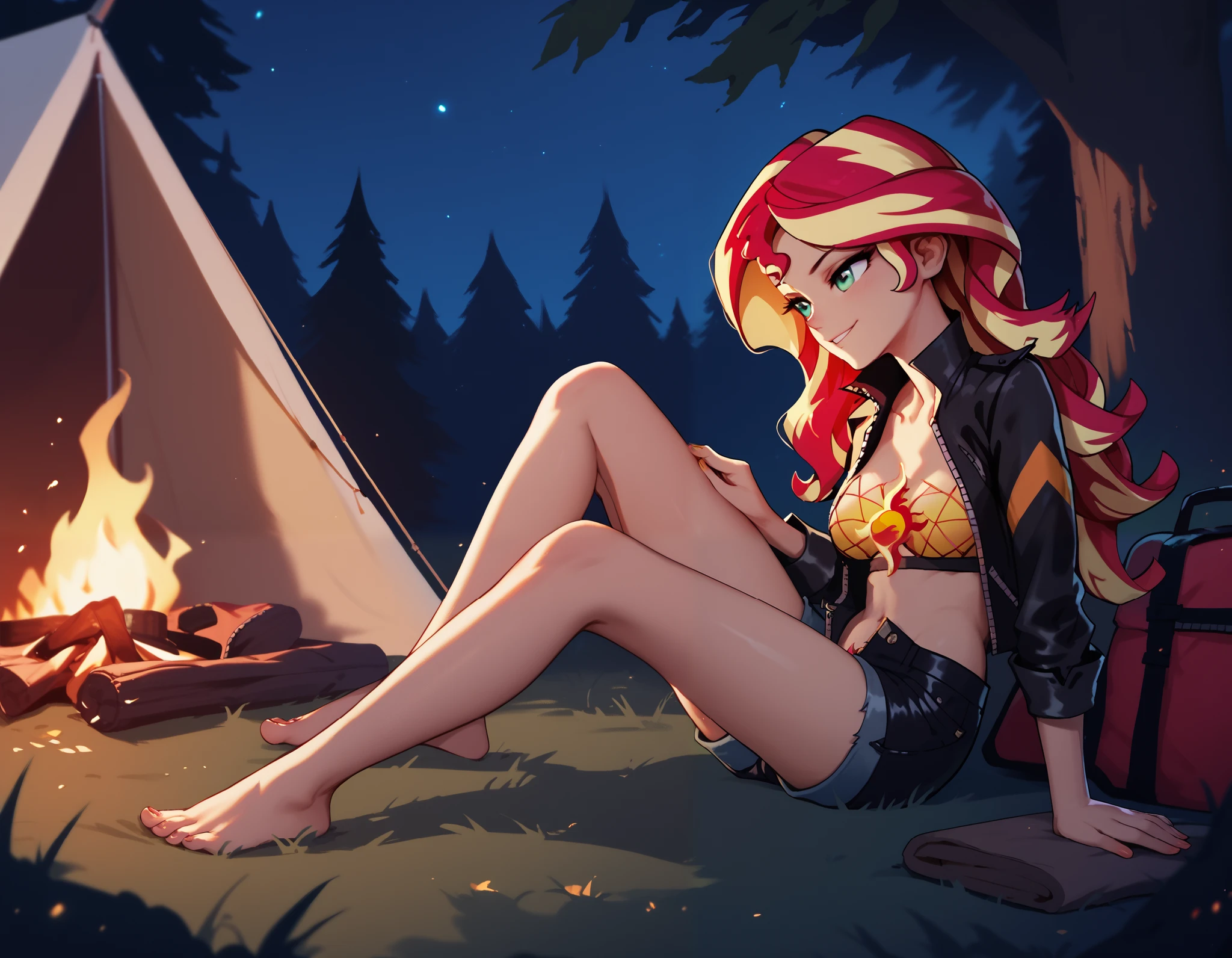 Sunset shimmer, red and yellow hair, wavy hair, open shirt, unzipped shorts, crawling out of a tent, a campfire, in the forest at night, dark, trees, sexy pose, alluring